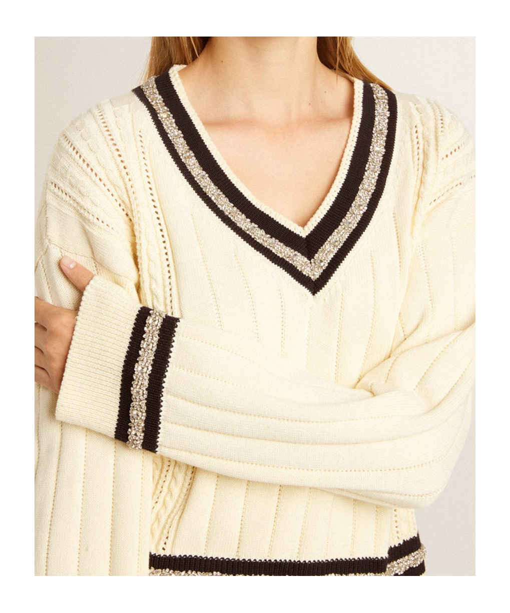 Golden Goose Cropped Sweater With Woven Pattern In Nude