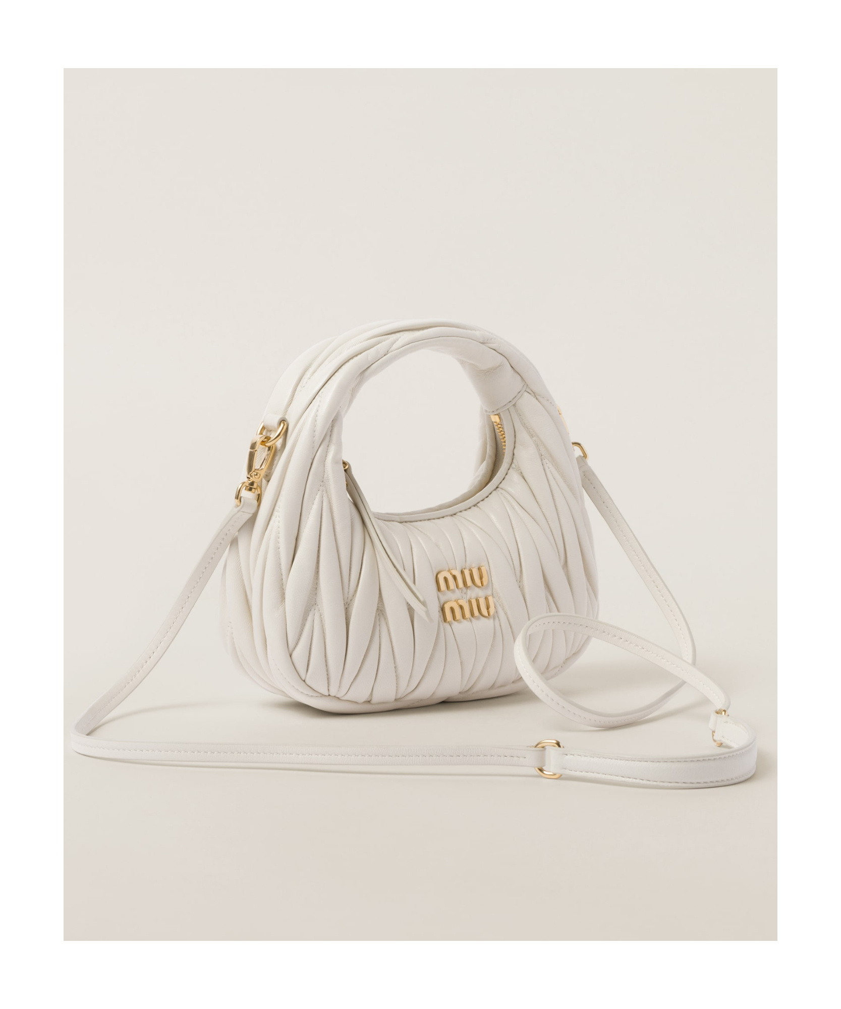Miu Miu Wander Matelassé Nappa Leather Hobo Mini-bag In White