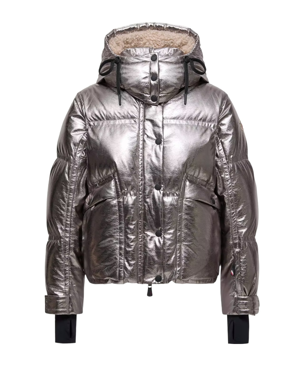 Moncler Calaque Metallic Hooded Down Ski Jacket In Silver