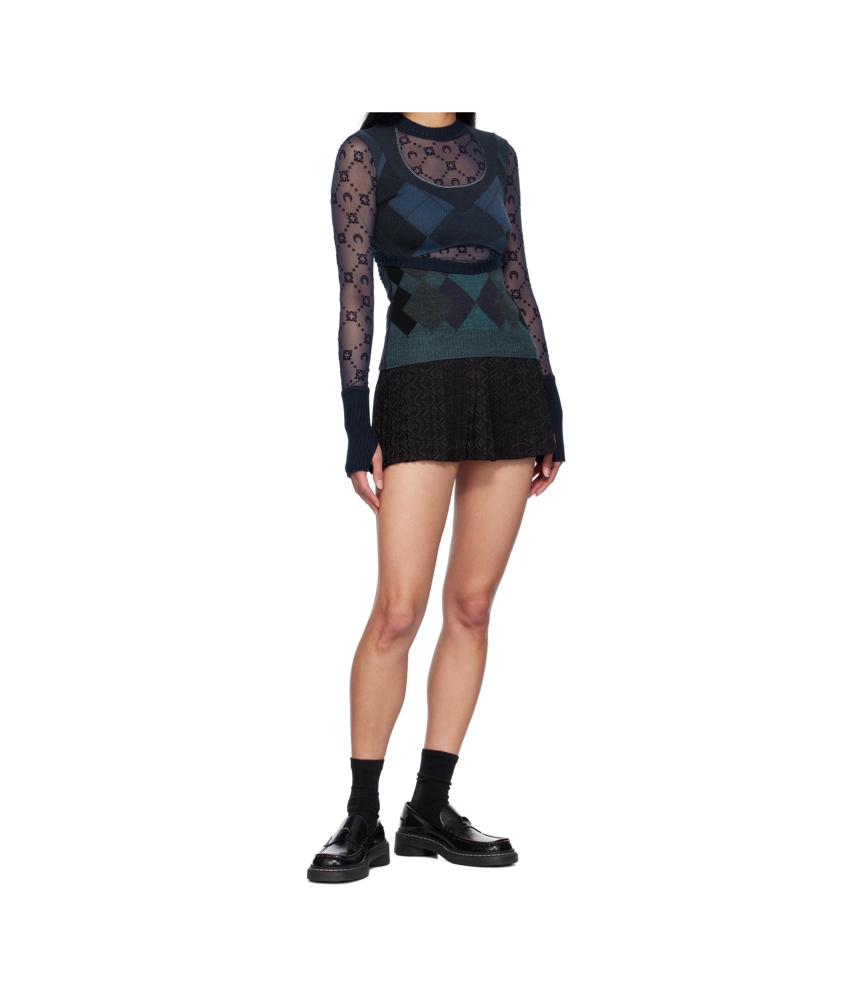 Marine Serre Navy Upcycled Argyle Knit Fitted Sweater In Black