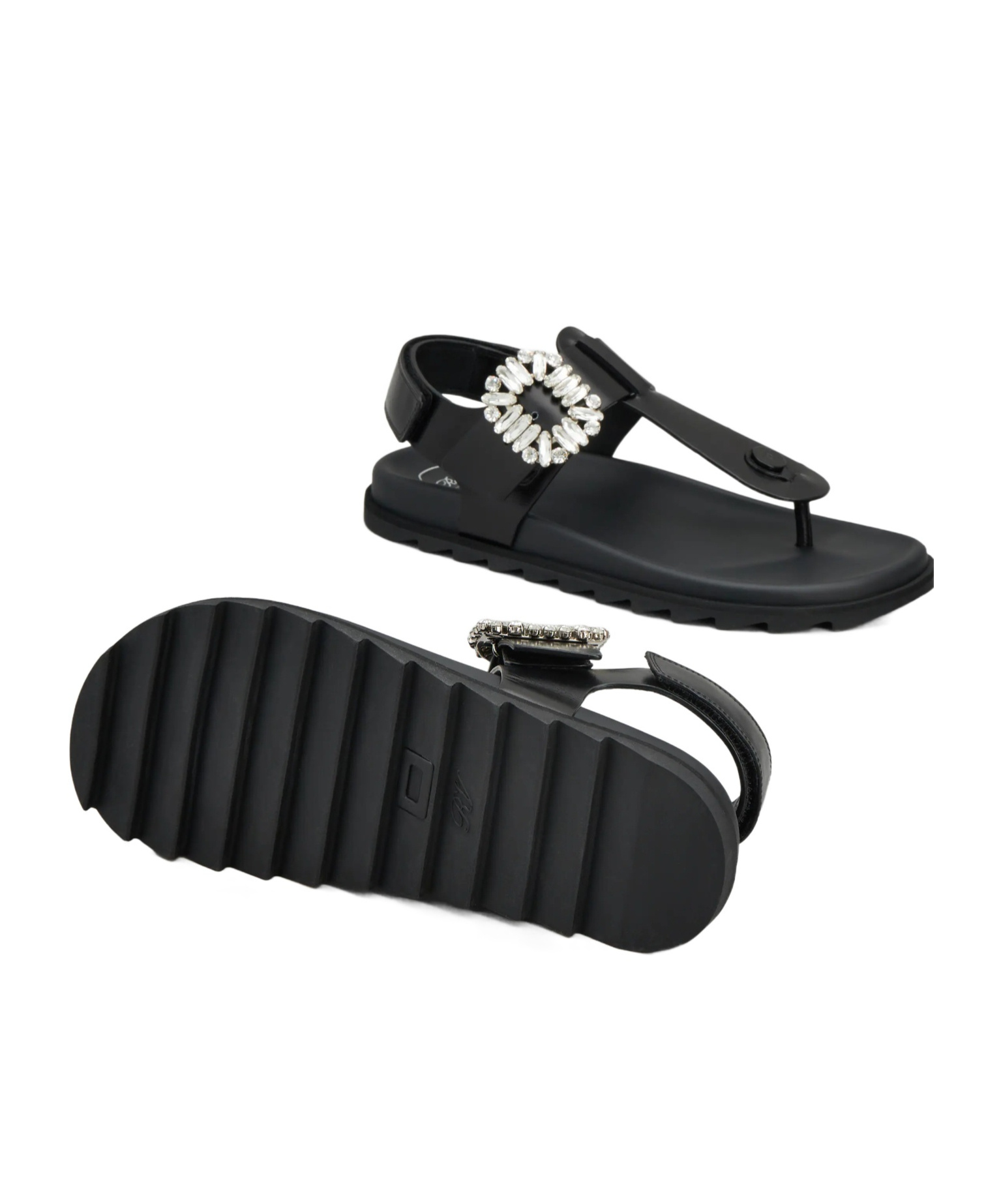 Roger Vivier Elegant Leather Flip Flops With Strass Buckle In Black