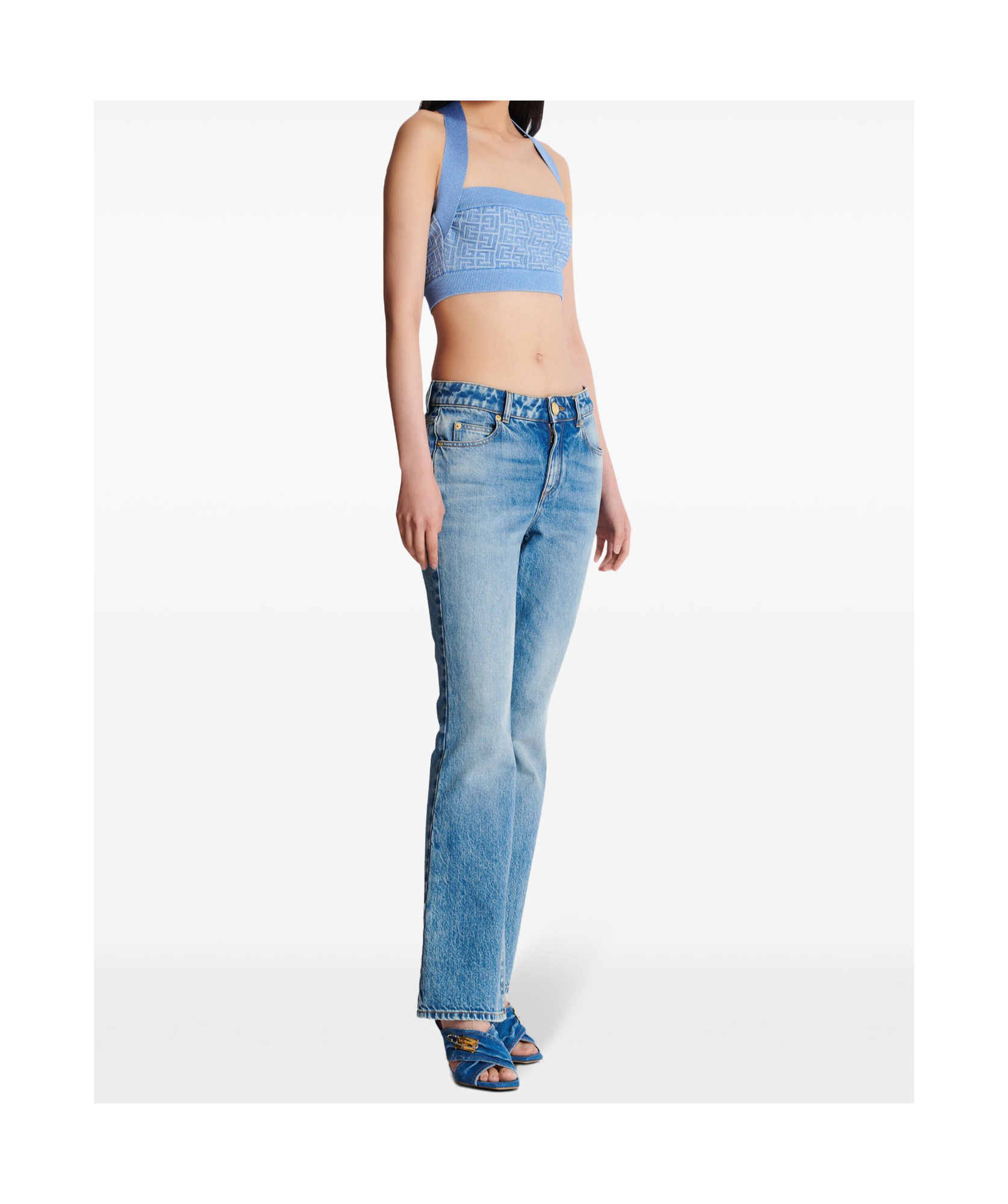 Shop Balmain Knit Halterneck Top With Pb Labyrinth Monogram In Blue