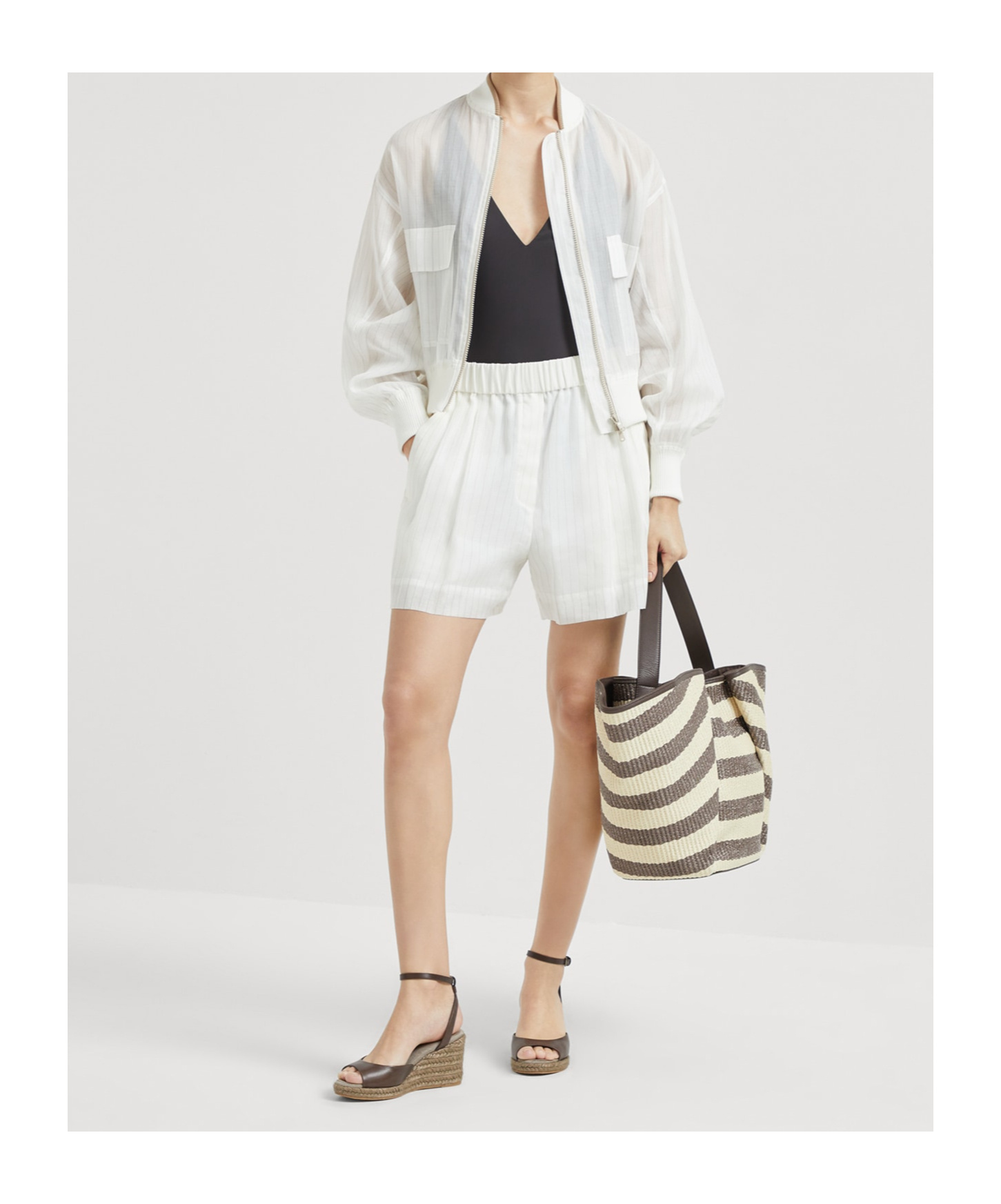 Brunello Cucinelli Pinstriped Cotton Gauze Bomber Jacket In White