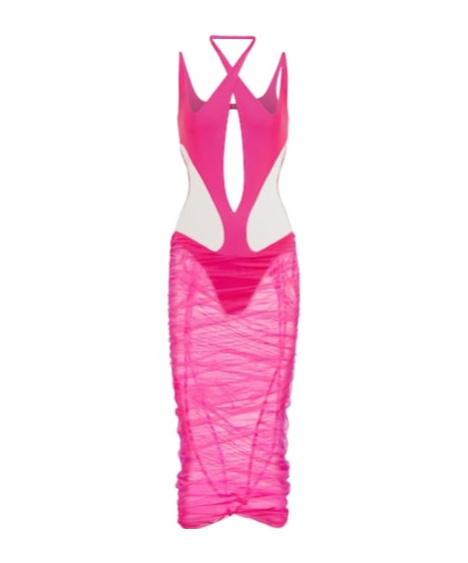 Mugler Cutout Paneled Tulle Midi Dress In Pink