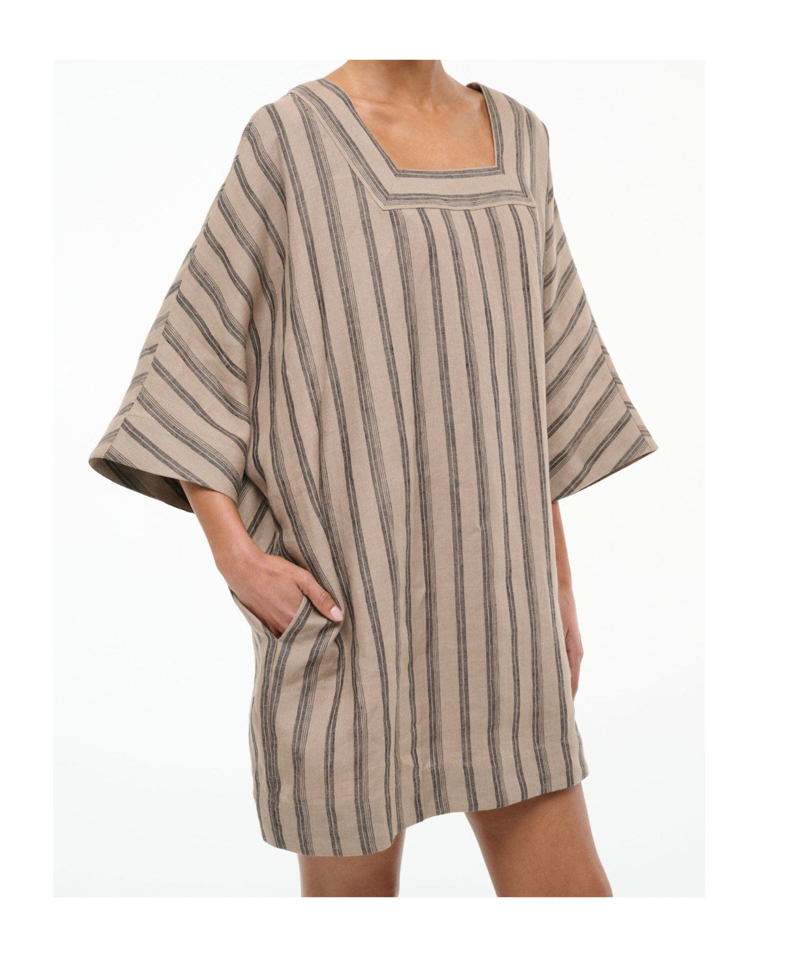 Staud Manuela Linen Dress Sahara Stripe In Brown