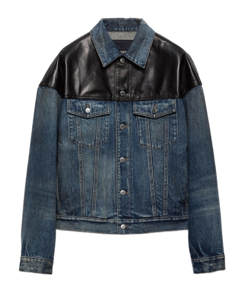 Prada Denim And Leather Jacket In Blue