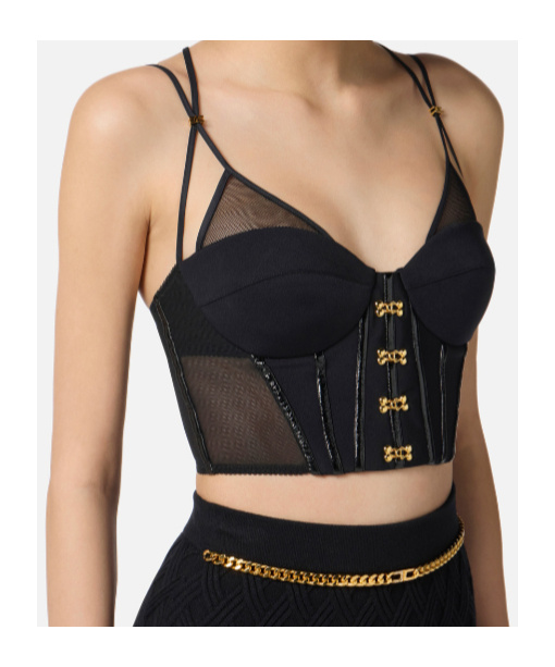 Elisabetta Franchi Top In Neoprene Con Dettagli Corsetto Nero In Black