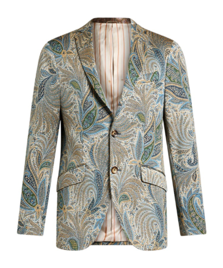 Etro Foliage-design Cotton-blend Blazer In Gray