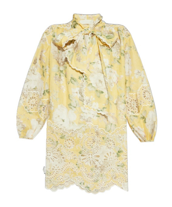 Zimmermann Broderie Anglaise-trimmed Floral-print Linen-gauze Mini Dress In Nude