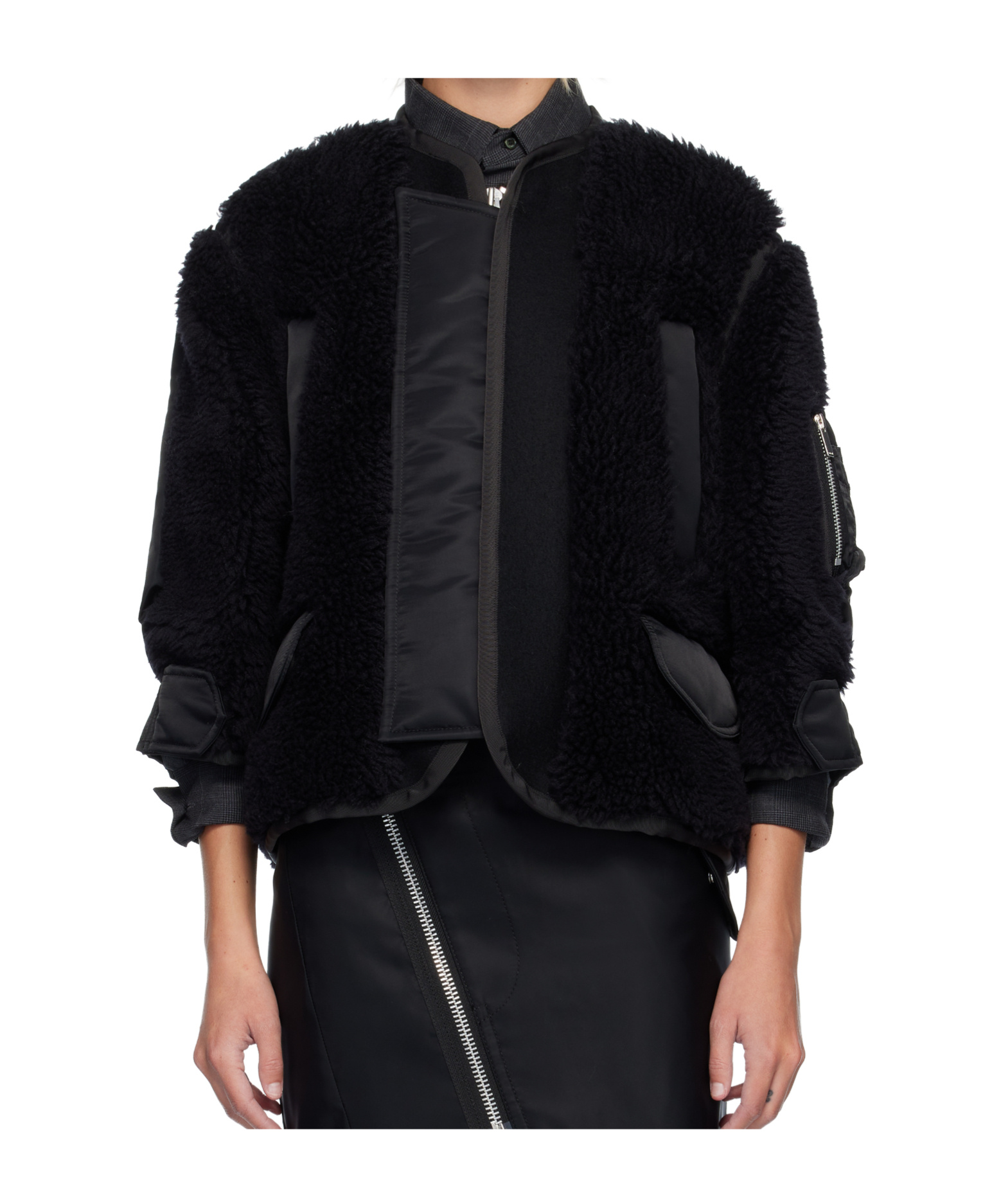 Sacai Faux Shearling X Nylon Twill Blouson In Black