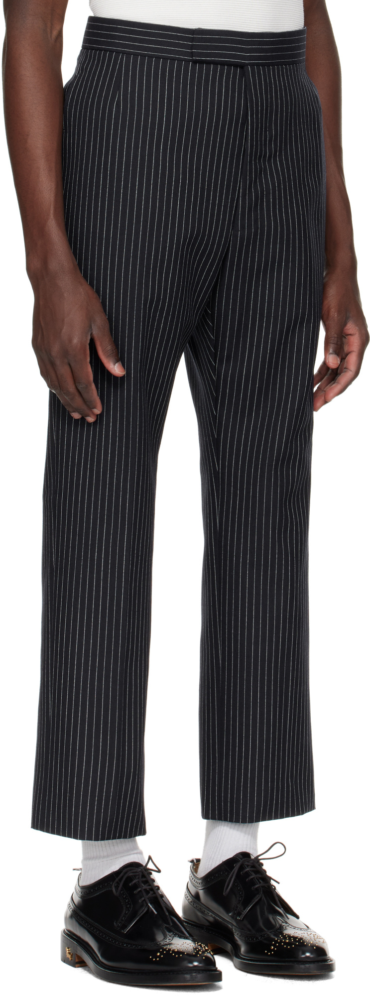 Thom Browne Navy Pinstripe High Twist Wool Backstrap Trousers In Blue