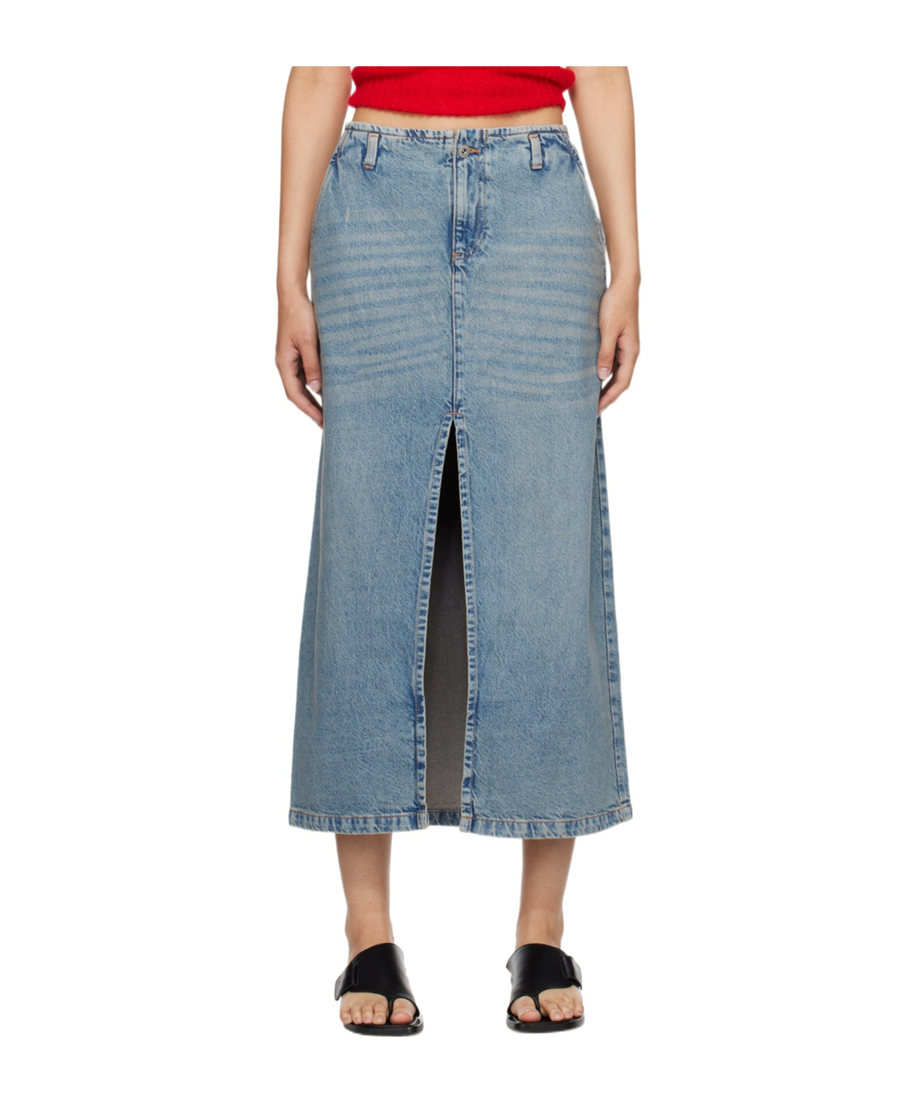 Gimaguas Front-slit Cotton Denim Midi Skirt In Gray