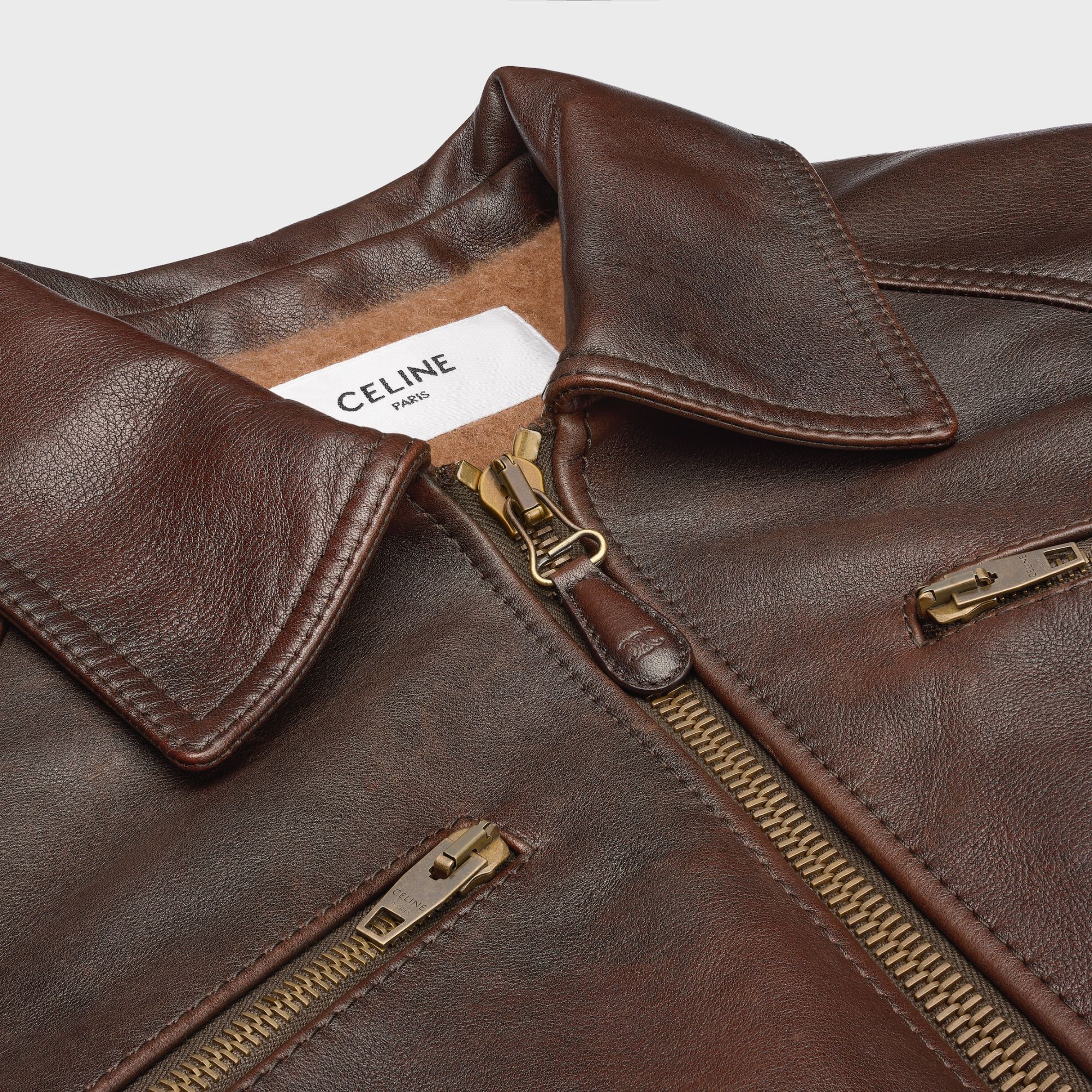 Celine Men Leather Jacket With Wool Lining In Brown
