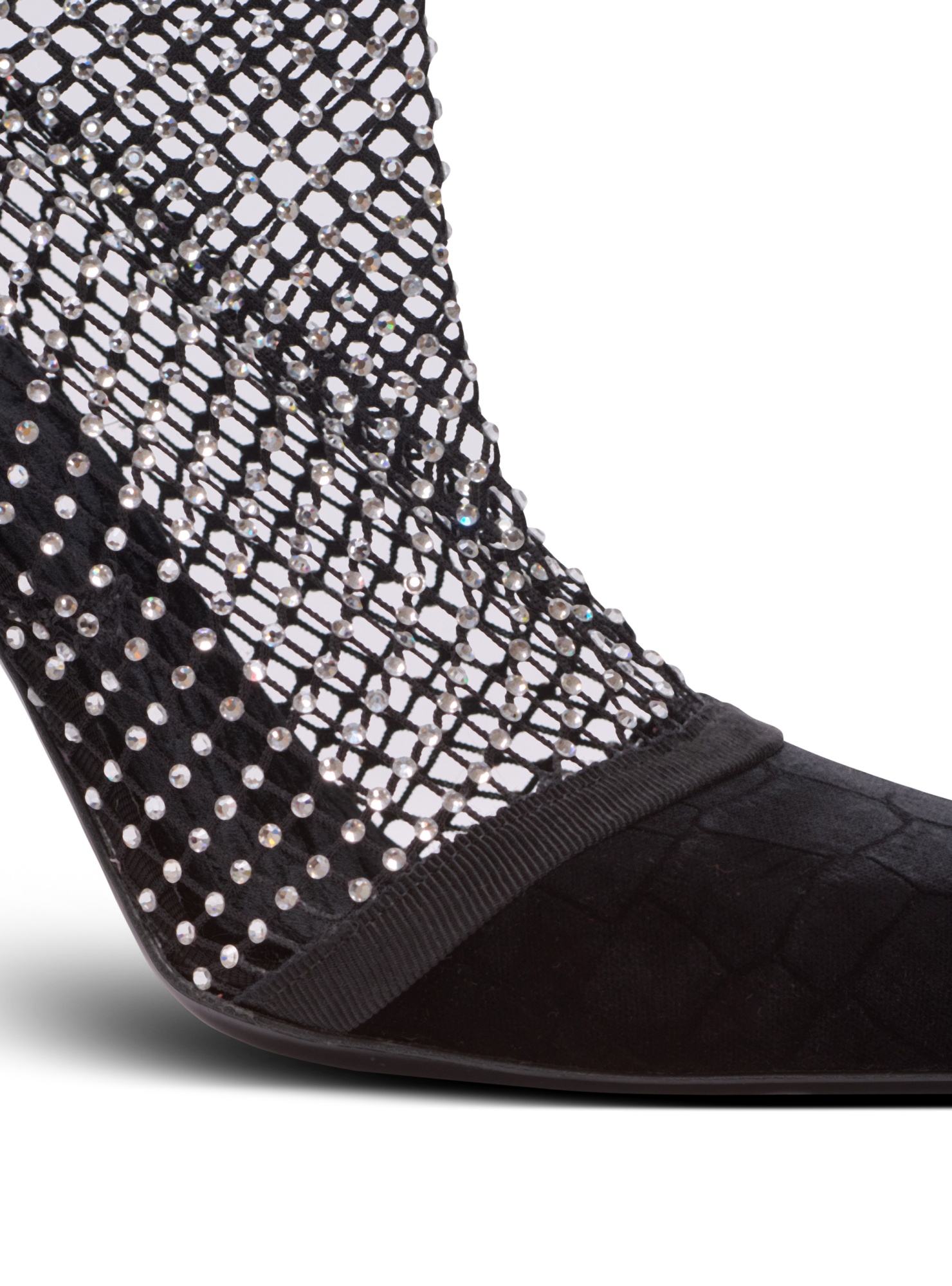 Balmain Mesh Heeled Ankle Boots With Velvet And Rhinestones In Black