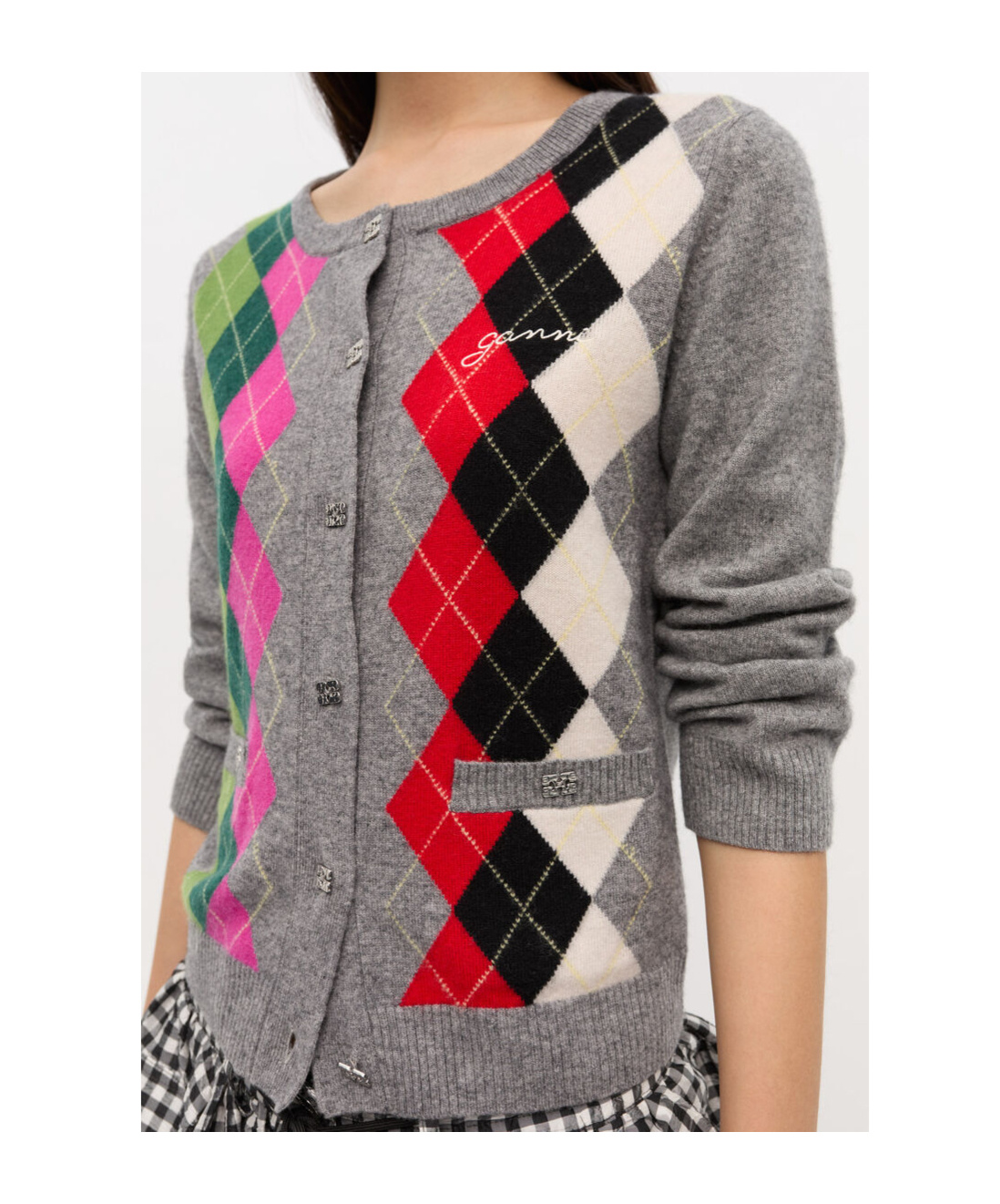 Ganni Argyle-pattern Logo-embroidered Cardigan In Multi