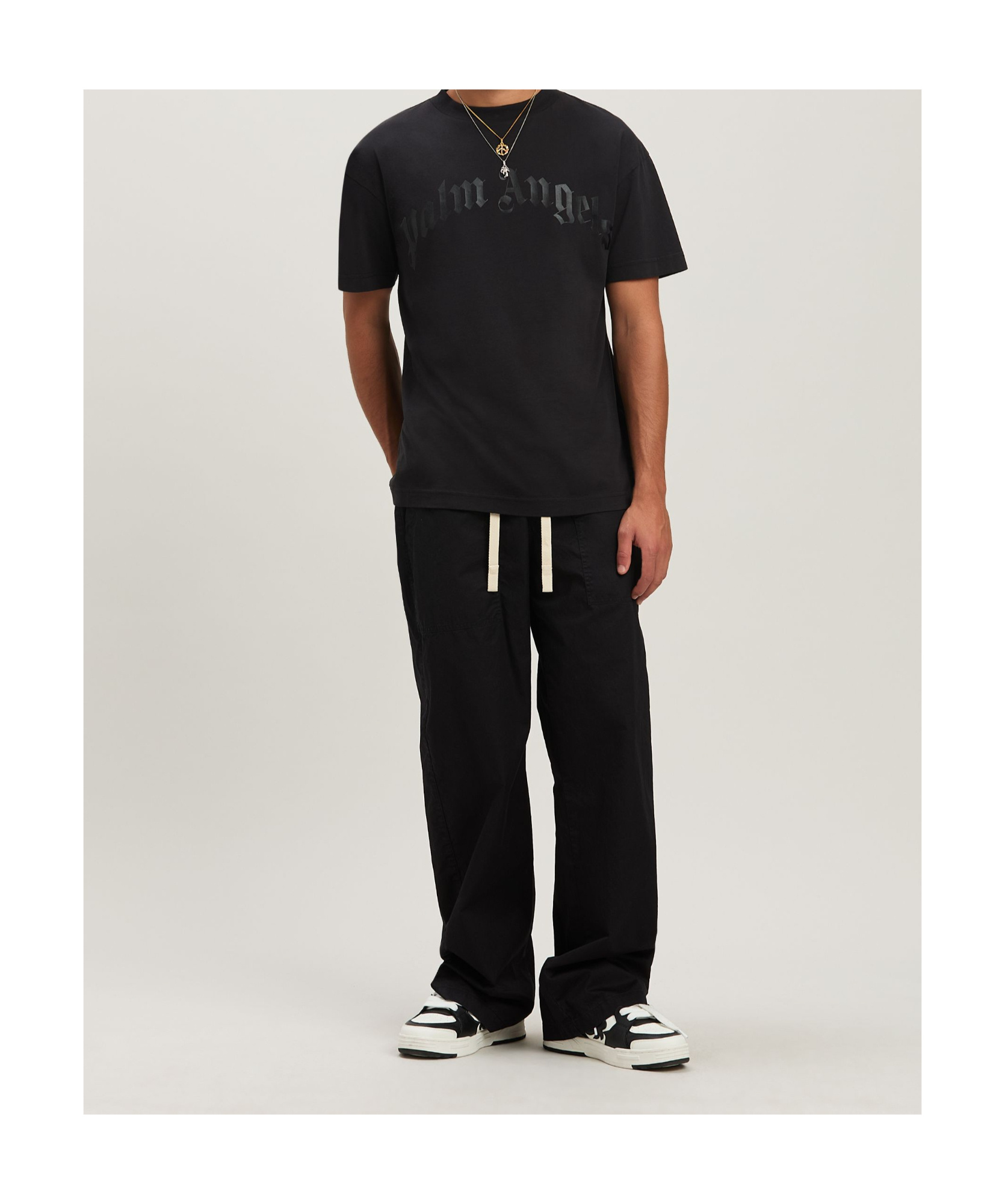Palm Angels Black Crewneck T-shirt With Maxi Logo Print On The Front In Cotton Man In Black