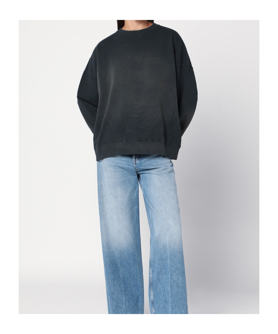 Golden Goose Longline Crewneck Cotton Sweatshirt With Star Accents In Gray