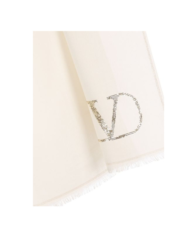 Valentino Logo Embellished Fringed Edge Scarf In White