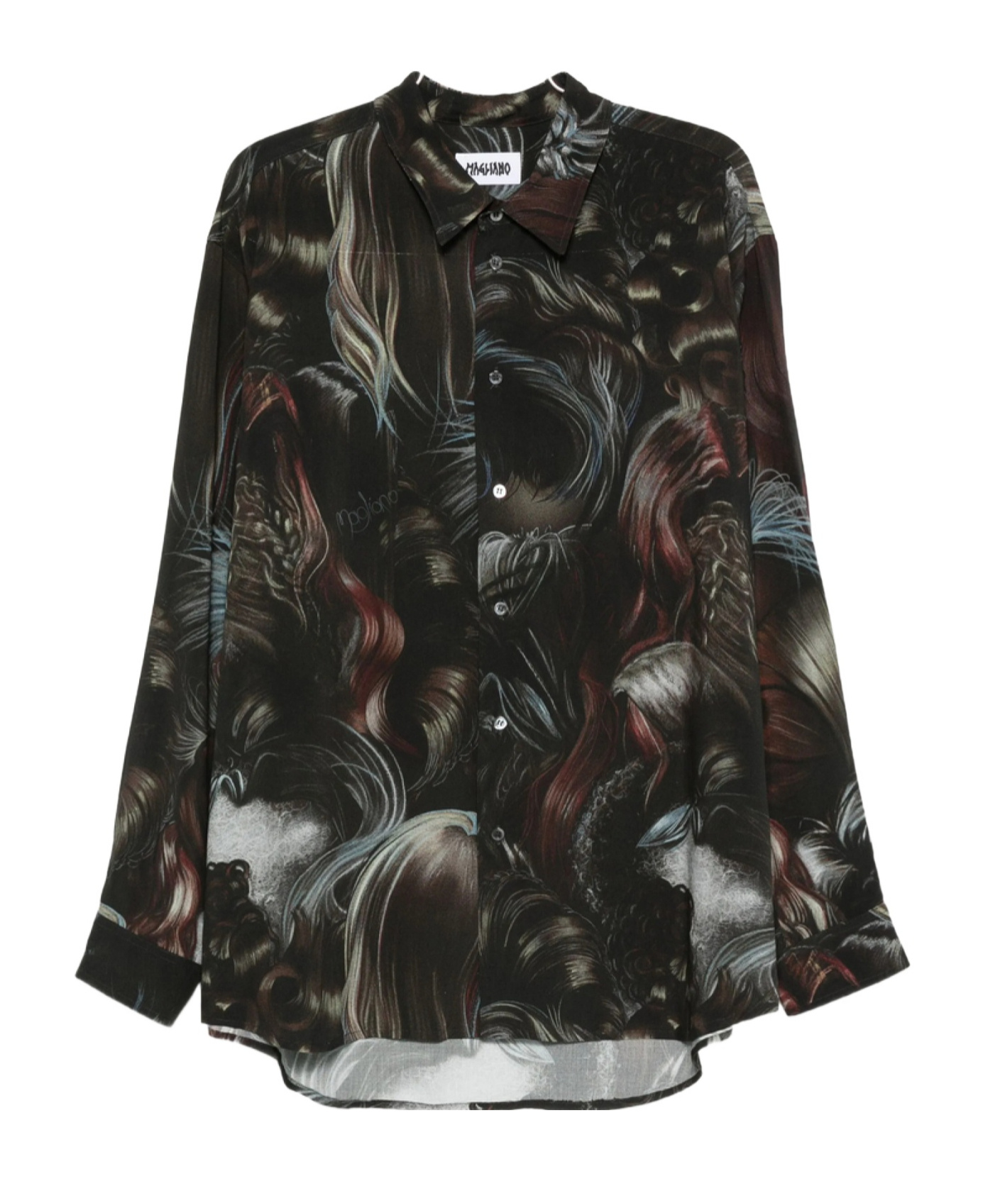 Magliano Wig Motif All-over Print Shirt With Asymmetric Hem In Black