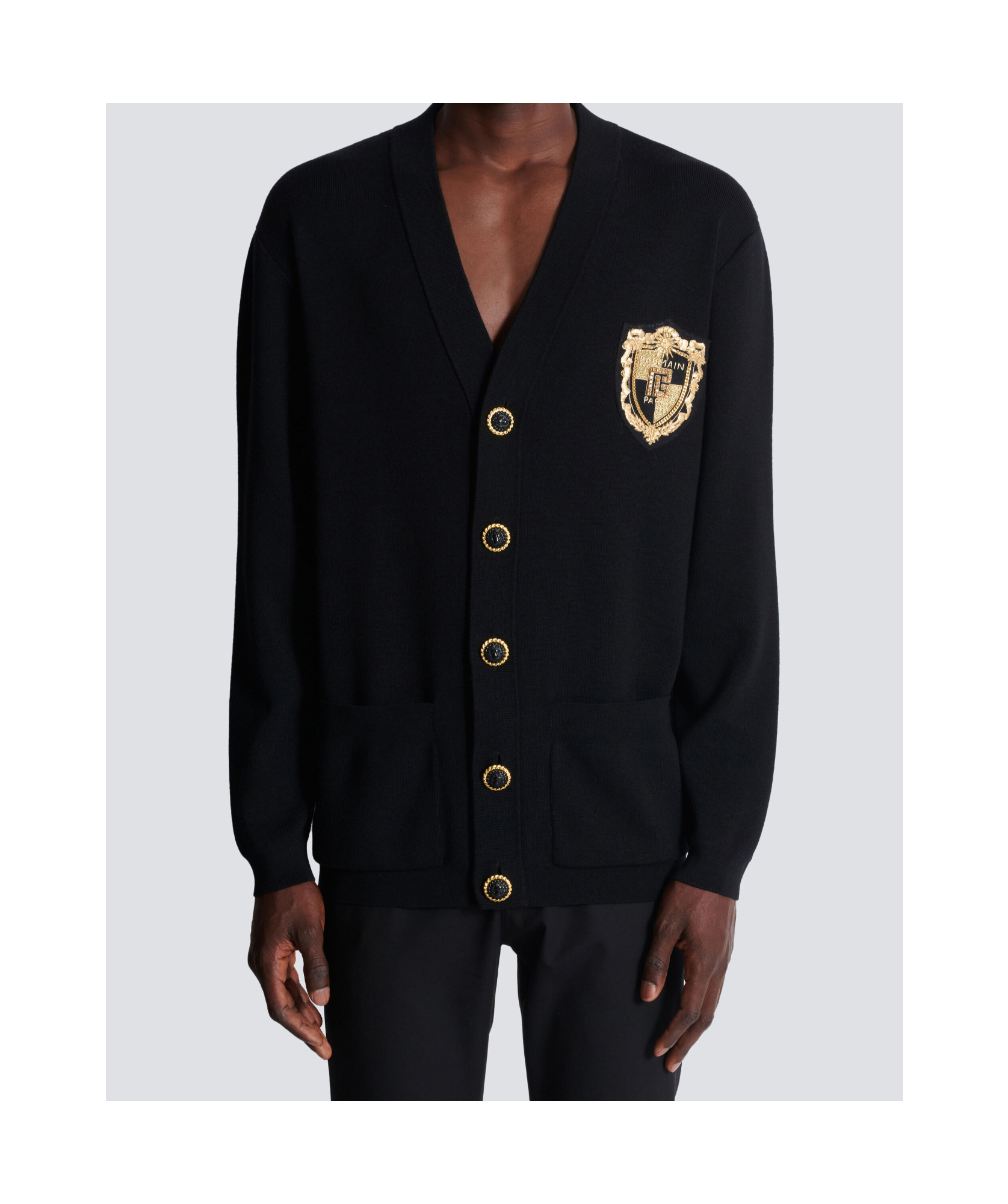 Shop Balmain Knit Cardigan With Embroidered Patch In Black