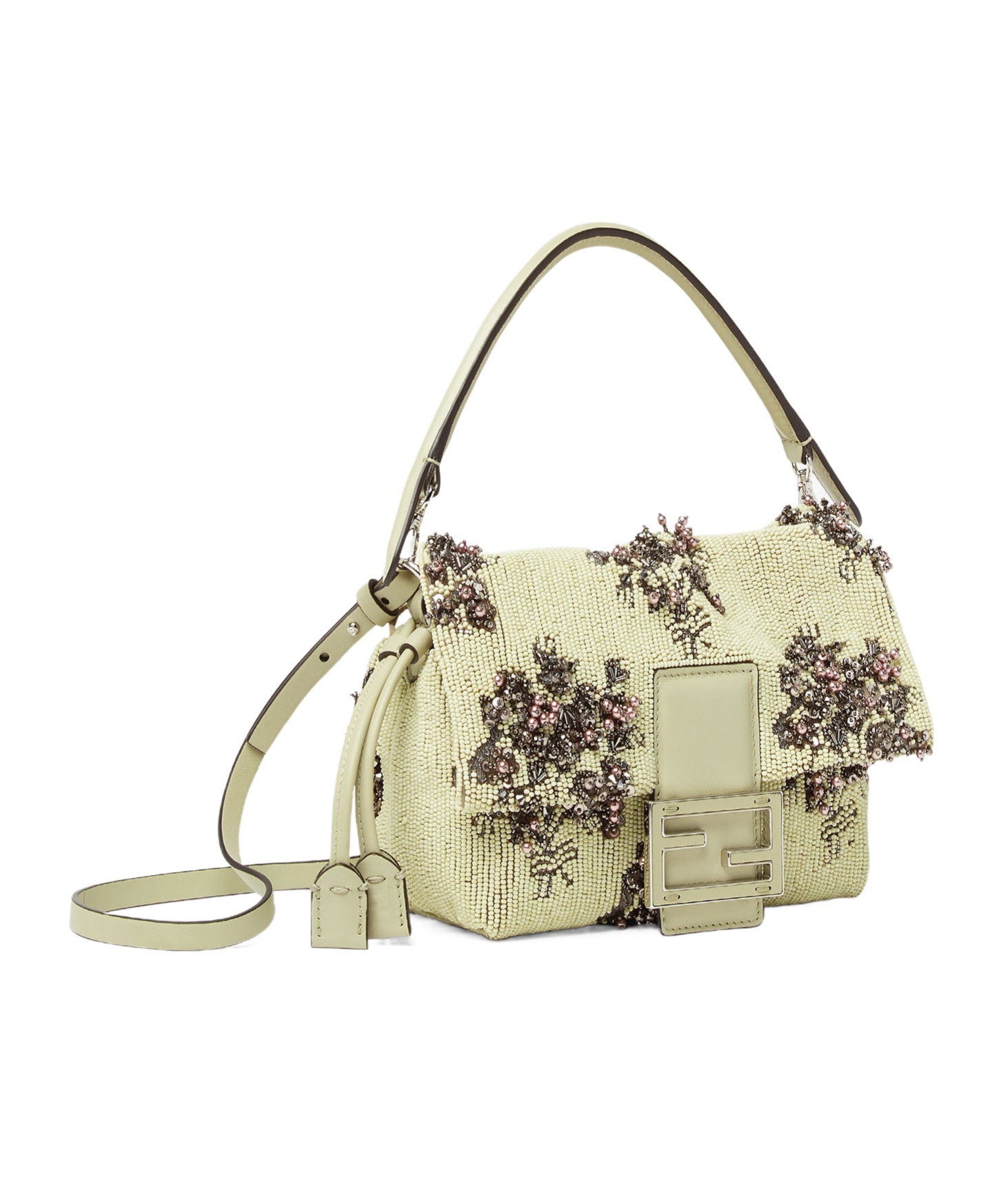 Fendi Mamma Baguette Small Sage Green Flower Bouquet Embroidered Mini-bag In Gray-green