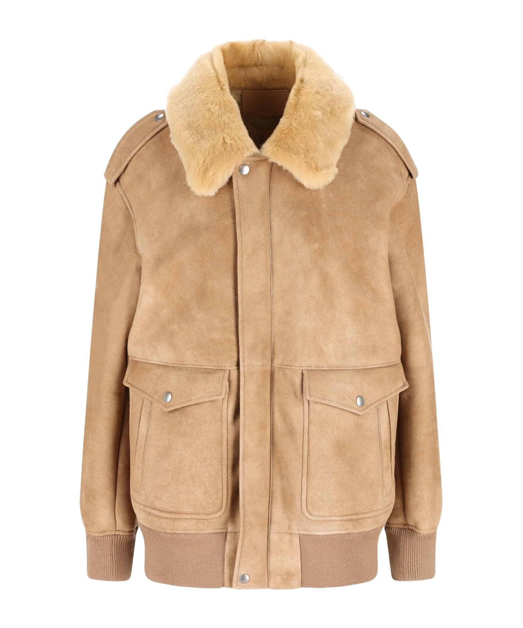 Prada Leather Jacket With Fur Collar And Epaulettes In Black