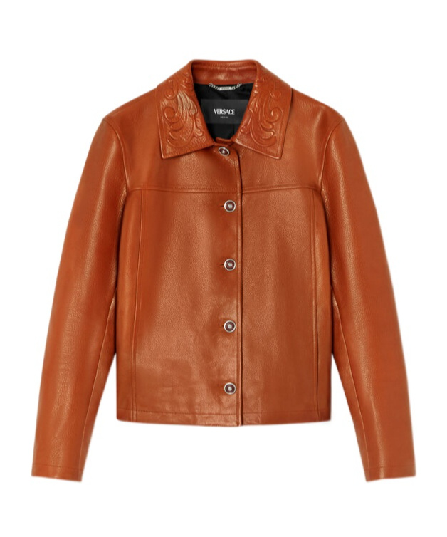 Versace Debossed Paneled Textured-leather Jacket In Brown