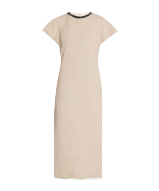 Brunello Cucinelli Monili Collar Linen Midi Dress In Nude