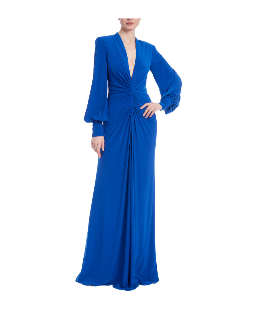 Badgley Mischka Ruched Deep V-neck Jersey Gown In Blue