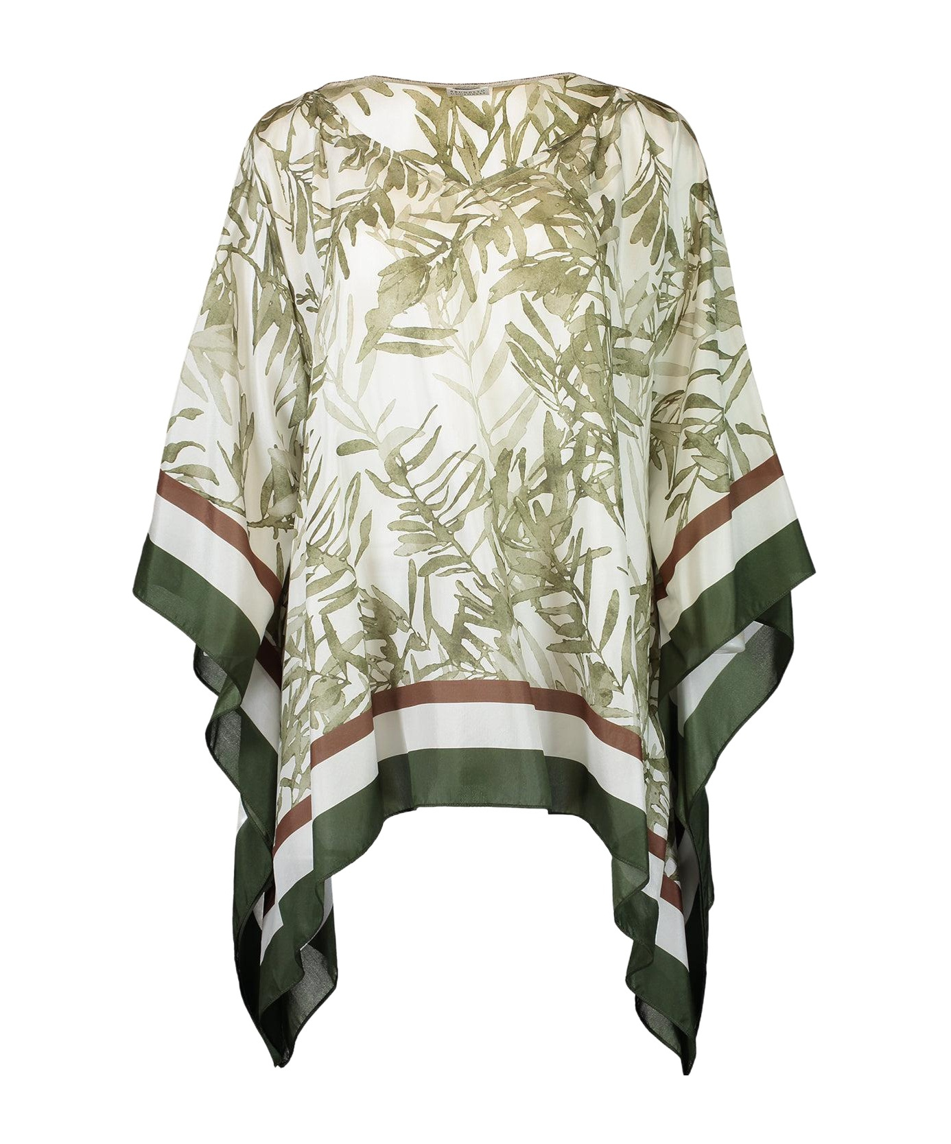 Brunello Cucinelli Silk Pongee Herbarium Print Blouse In White