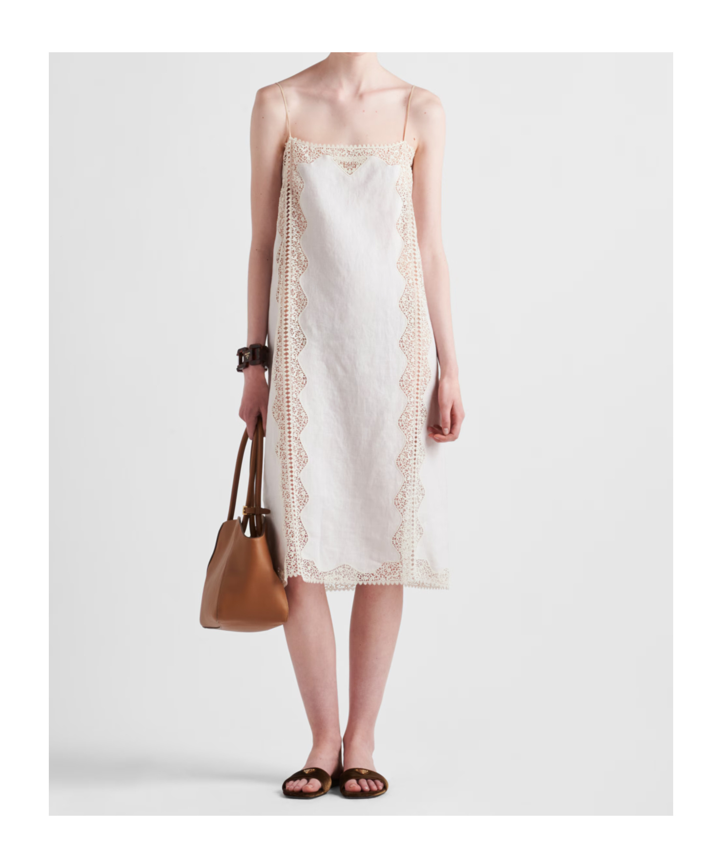 Prada Besticktes Kleid Aus Leinen Mit Spitzenbesatz In Sand Beige