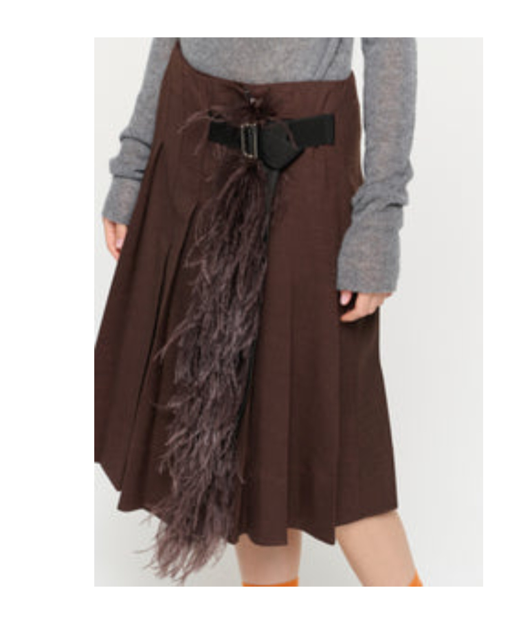 Plan C Brown Melange Pleated Midi Skirt With Feather Insert In Brown