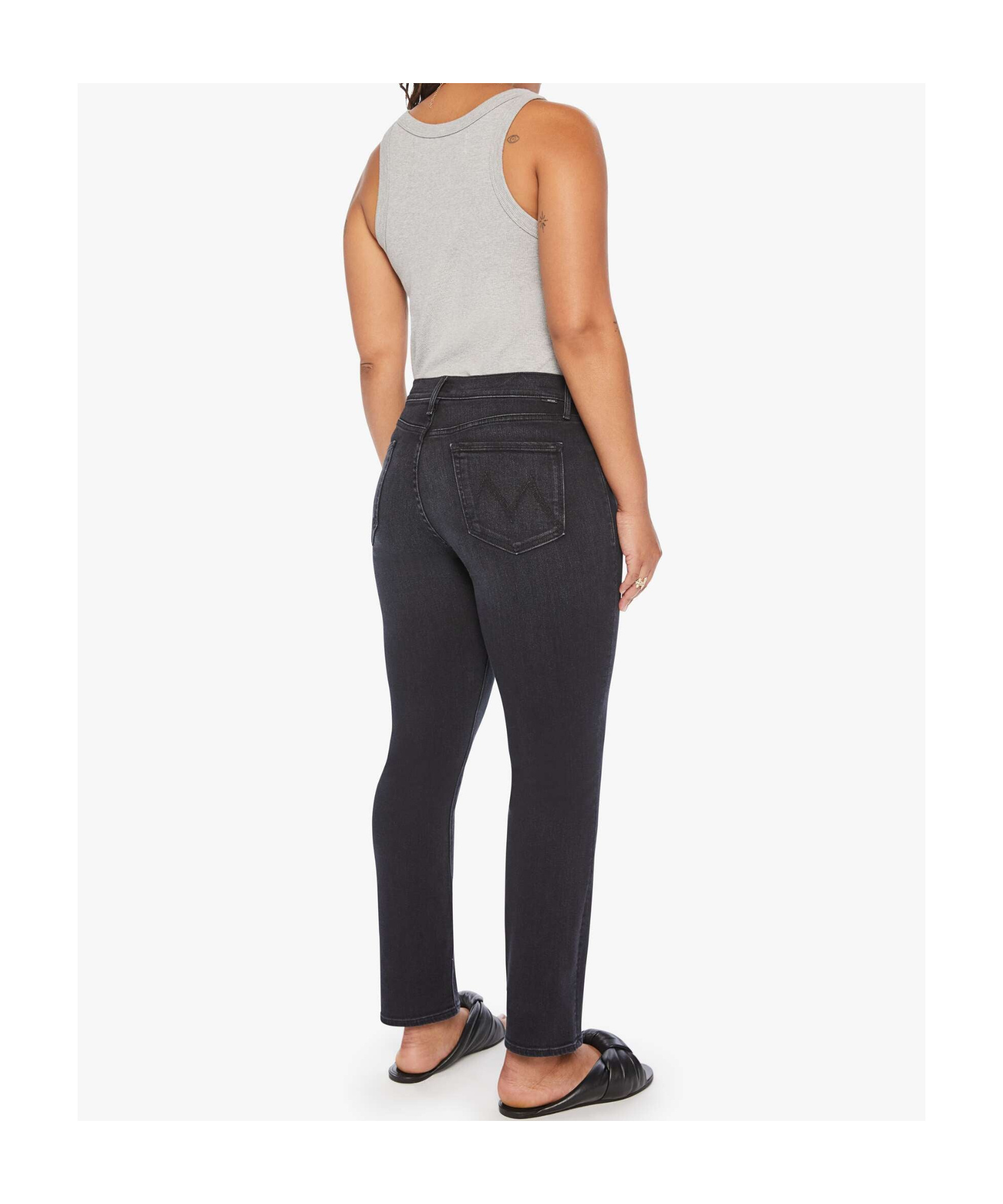 Mother Straight-leg Cropped Skinny Jeans In Washed Dark Black