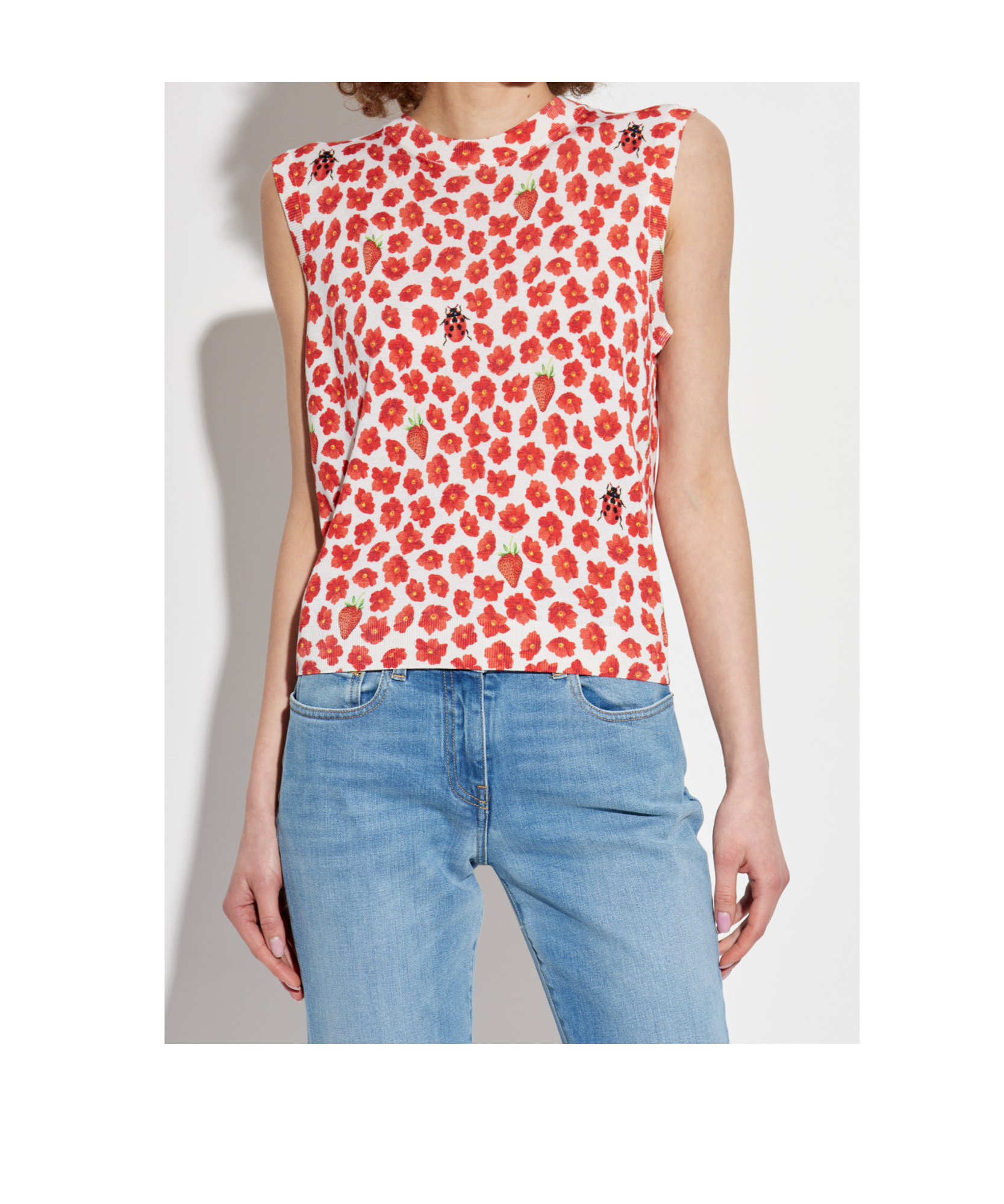 Versace Strawberry Garden Print Silk Knit Tank Top In Red