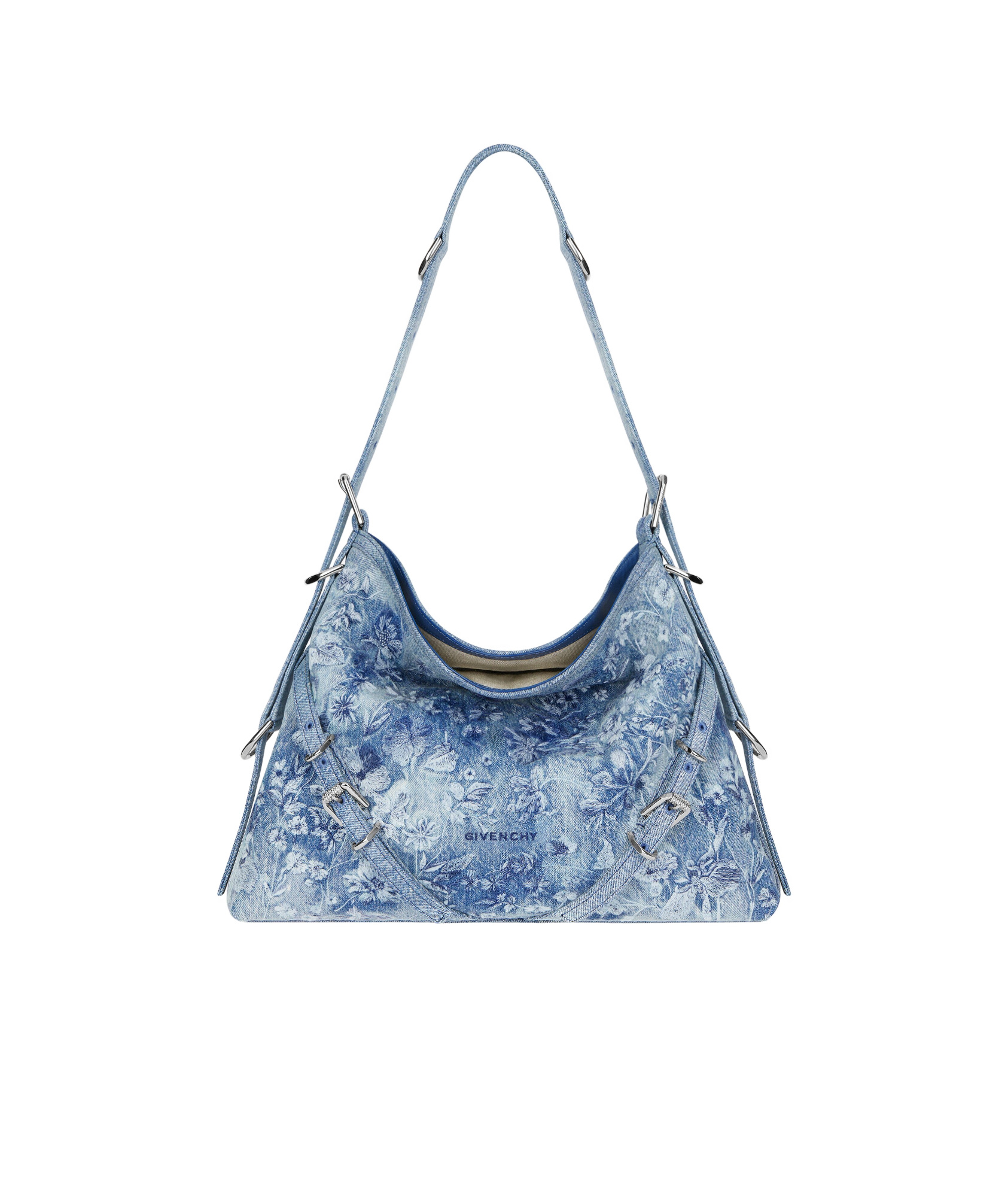 Givenchy Voyou Medium Shoulder Bag In Floral Washed Denim In Medium Blue
