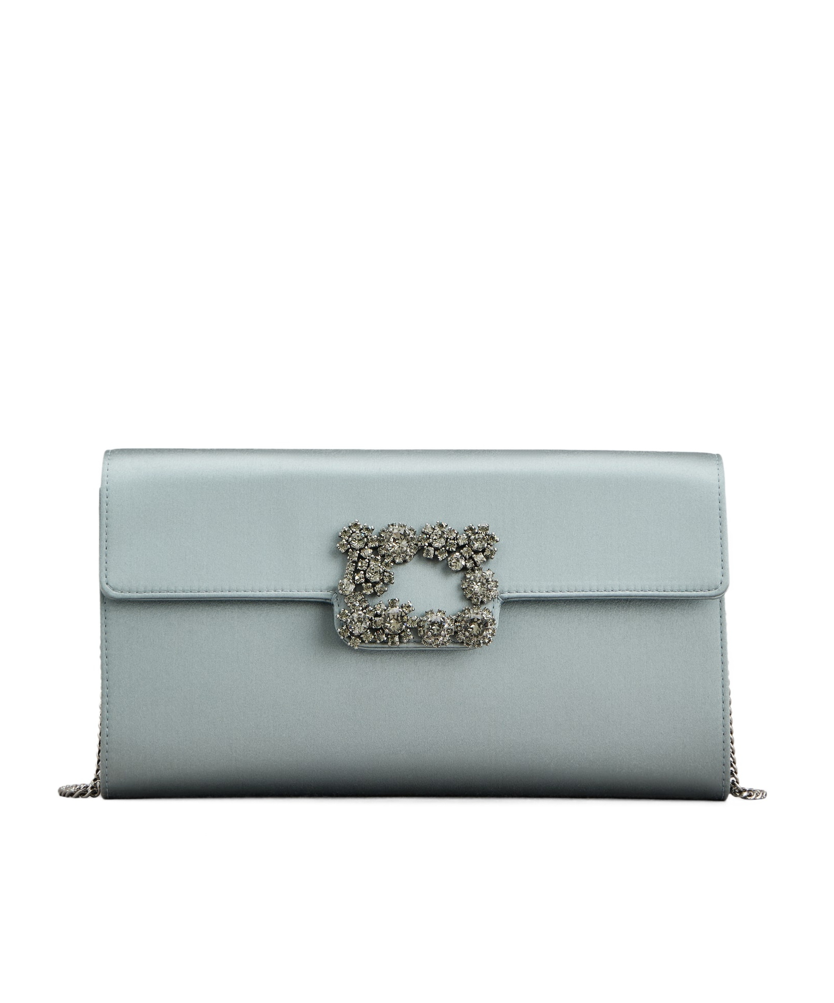 Roger Vivier Flower Buckle Envelope Flap Satin Clutch Bag In Gray