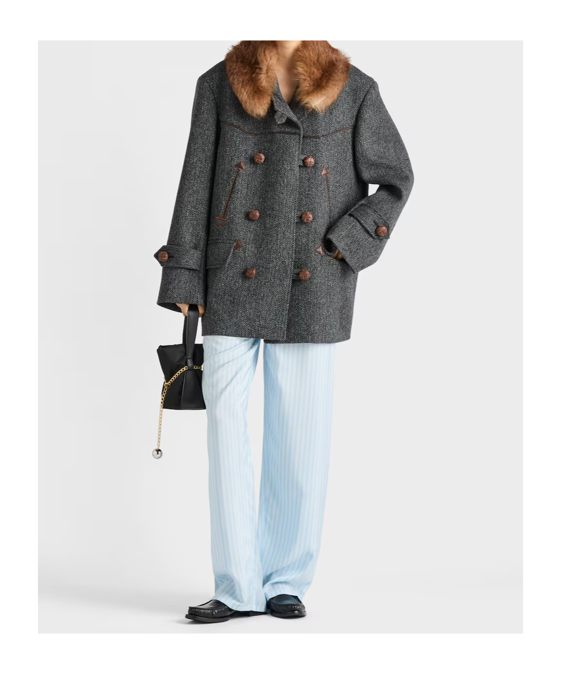 Prada Double-breasted Chevron Peacoat In Gray