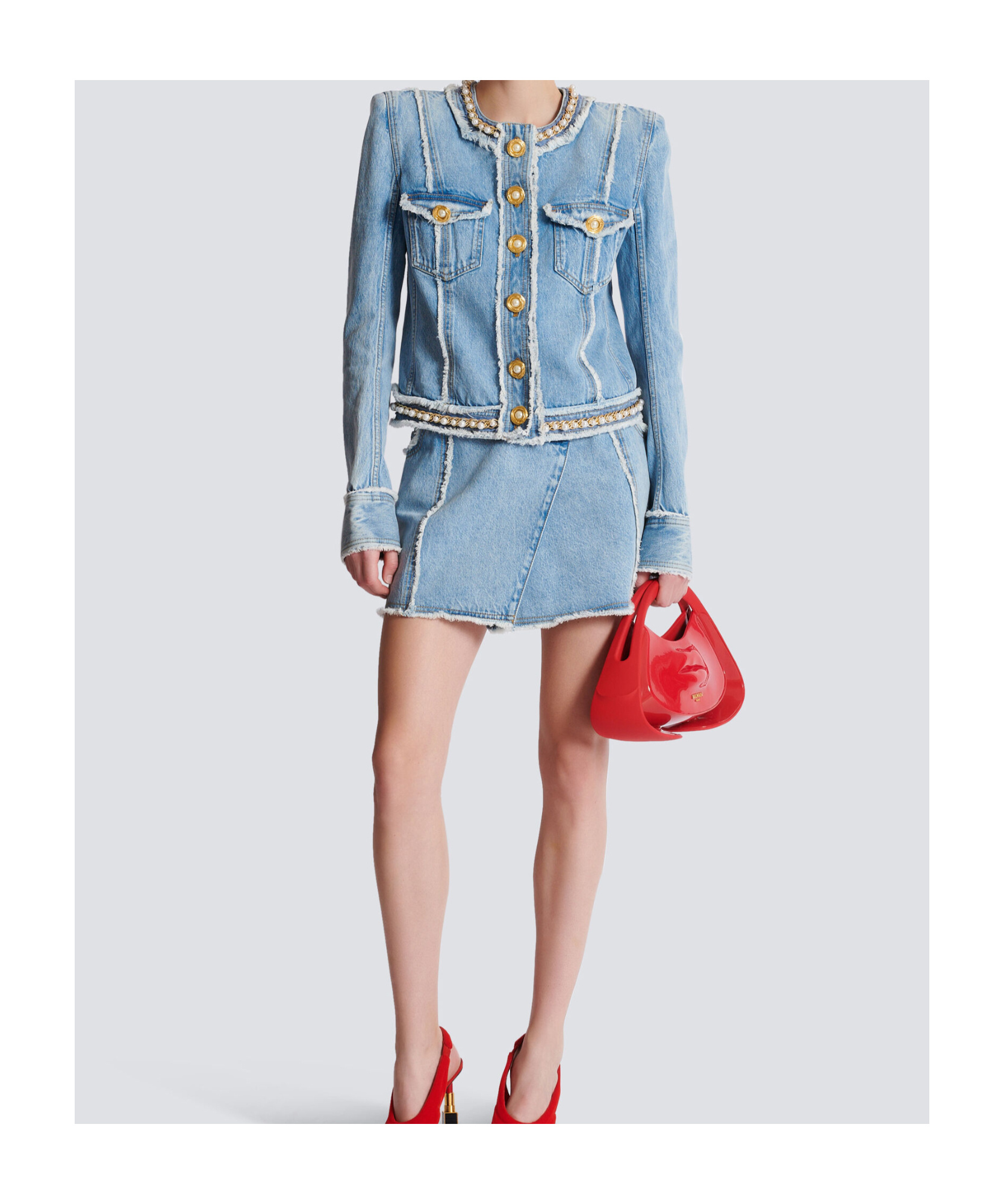Balmain Faux Pearl-embellished Frayed Denim Jacket