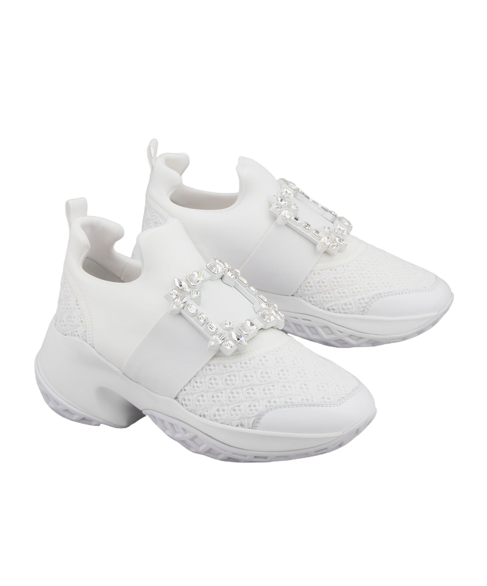 Roger Vivier Viv' Run White Trainers In Technical Fabric With Rhinestone Buckle In Bianco
