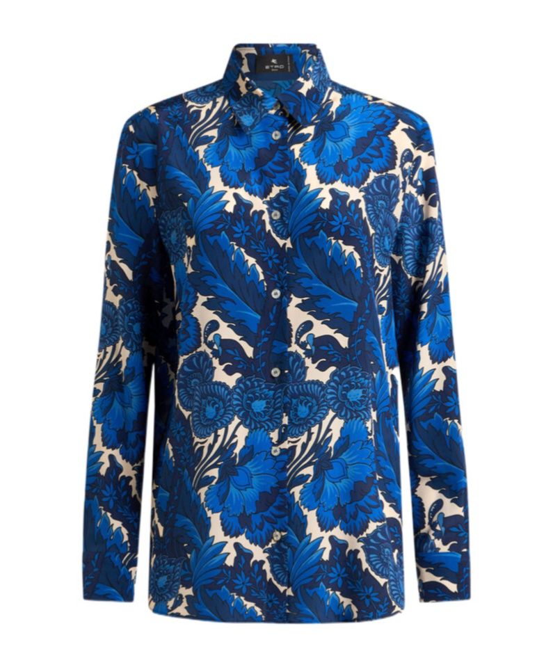 Shop Etro Silk Shirt With Maxi Floral Print In Blue