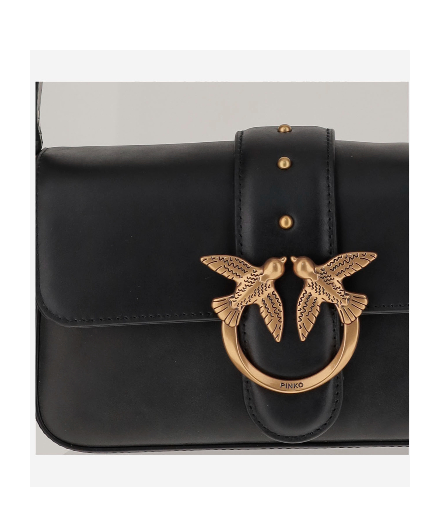 Pinko Love One Classic Black Crossbody Bag With Studded Strap And Love Birds Diamond Cut Plaque On The Fro