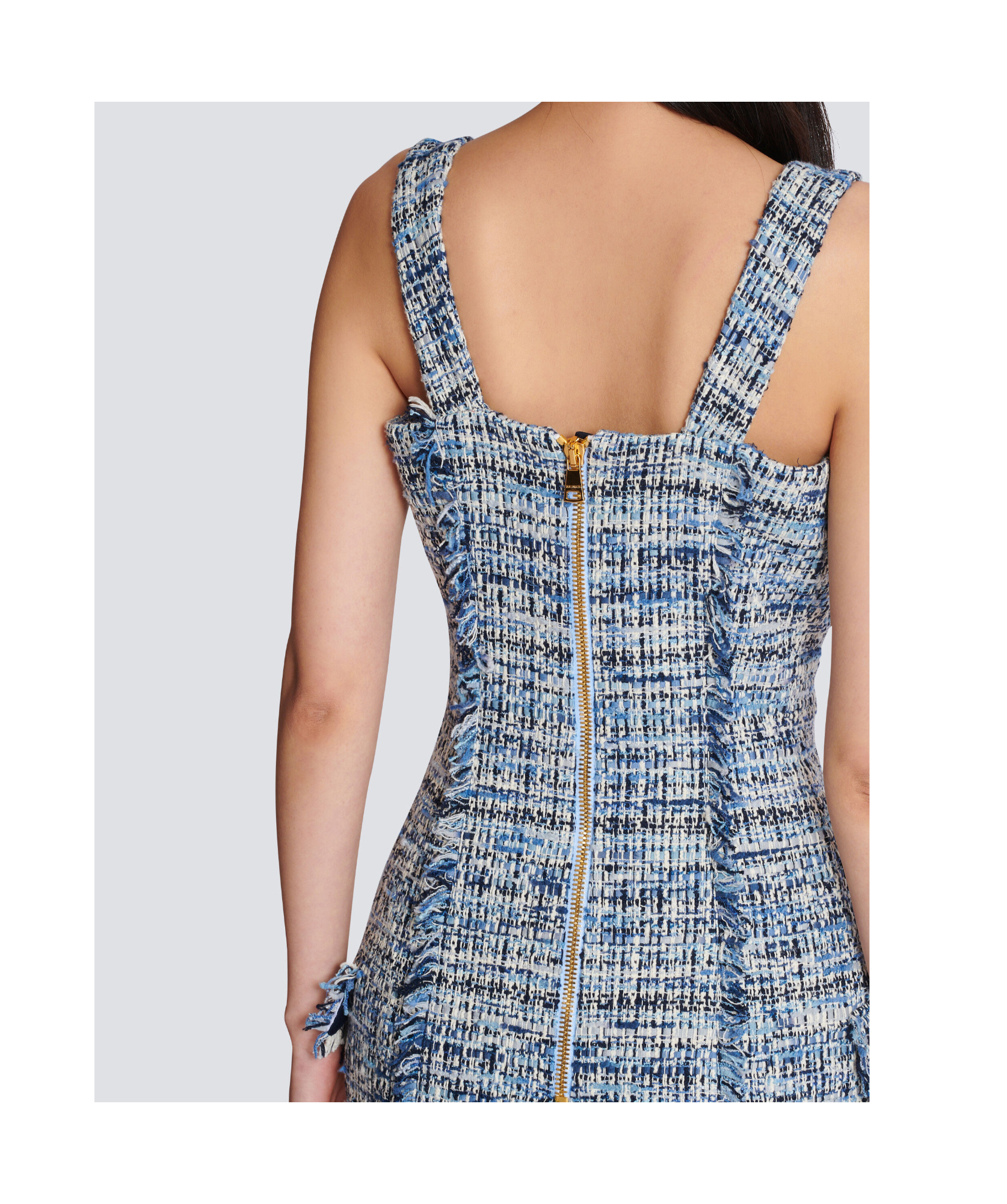 Shop Balmain Short Tweed Dress With Straps In Gray