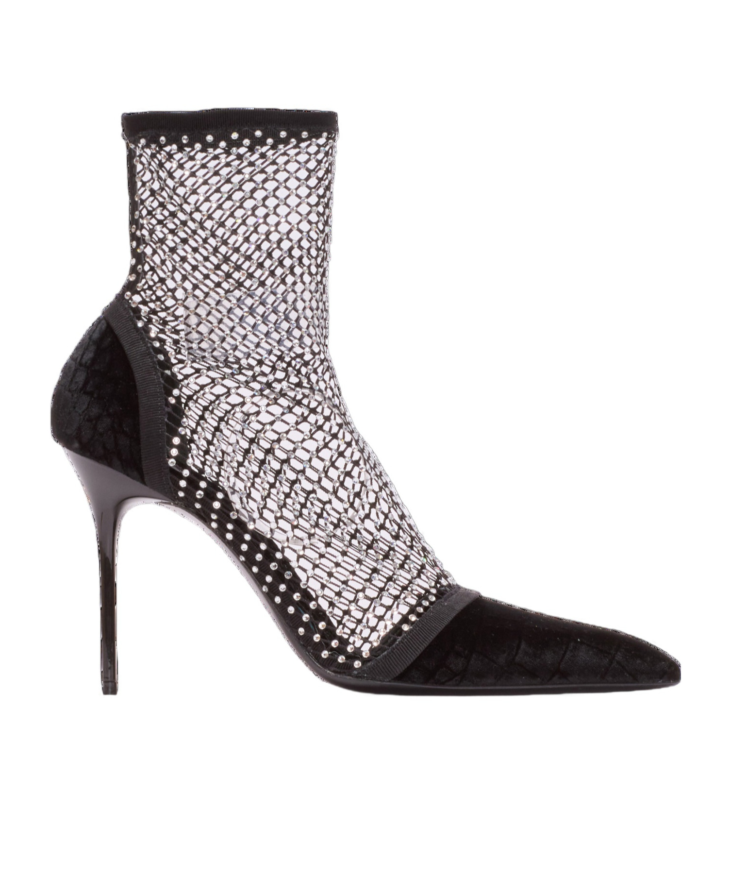 Balmain Mesh Heeled Ankle Boots With Velvet And Rhinestones In Black