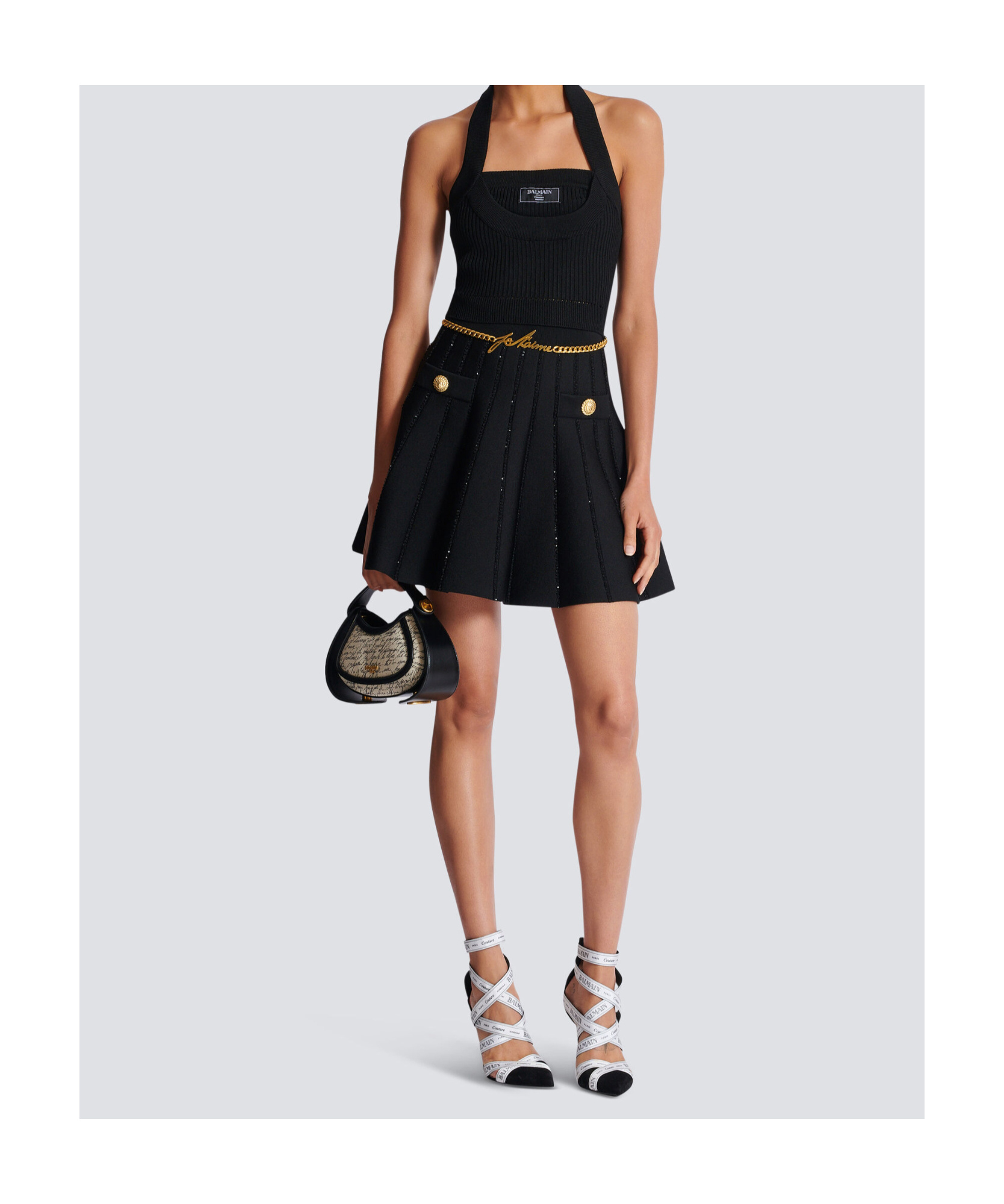 Shop Balmain Ribbed Knit Halterneck Top In Black