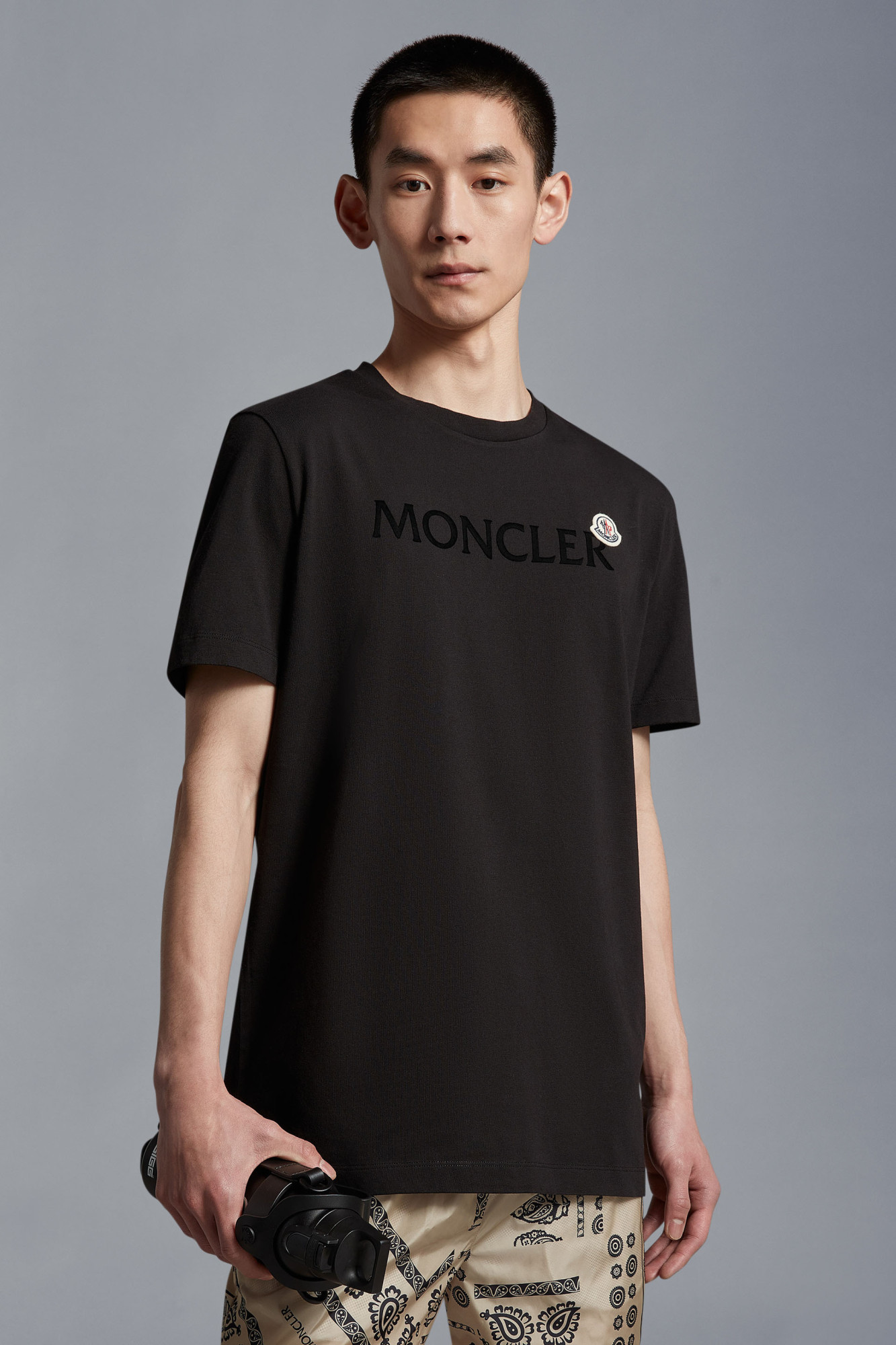 Moncler Men T-shirt With Flocked Cotton Logo In Black