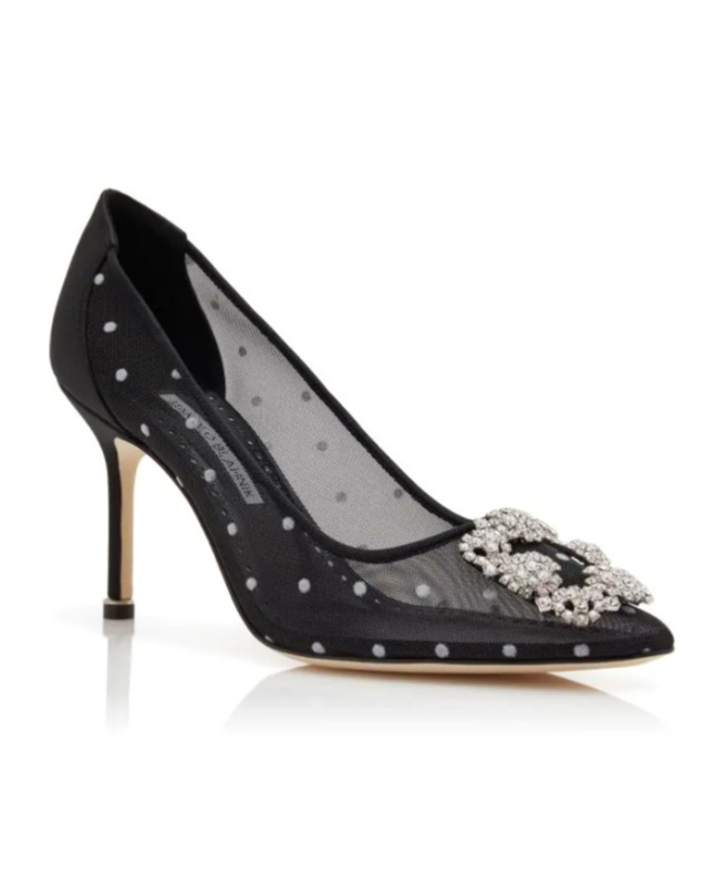 Manolo Blahnik Hangisi 90 Satin-trimmed Crystal-embellished Flocked Mesh Pumps In Black