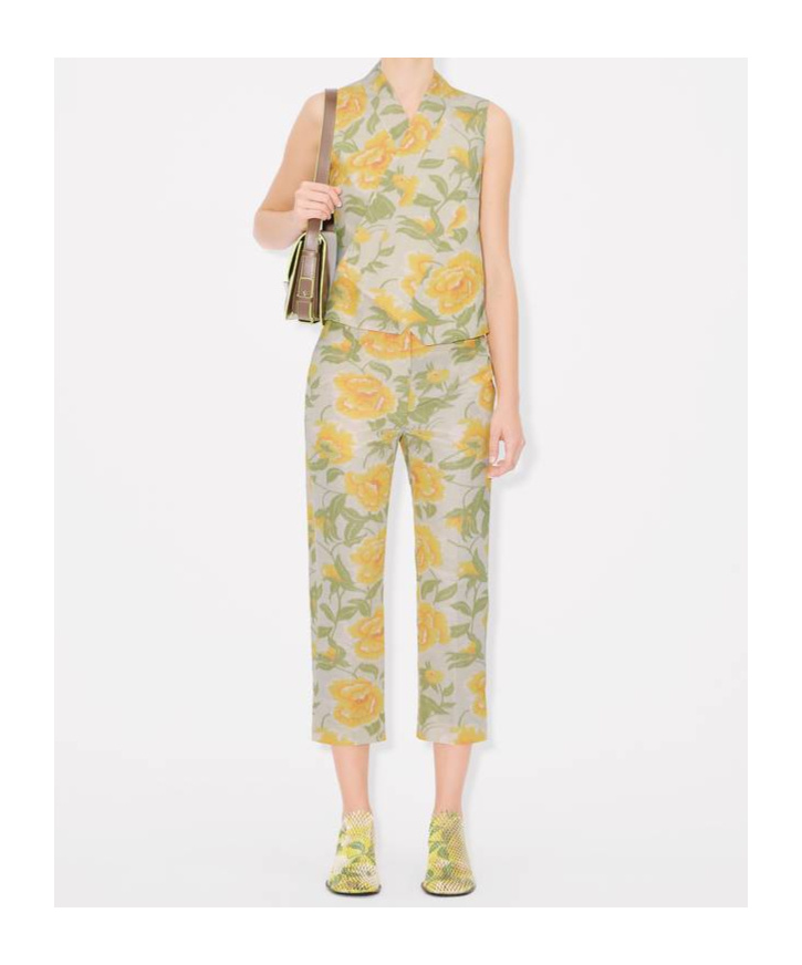 Shop Kenzo ' Peonies' Kimono Waistcoat In Cotton Linen And Satin Solid