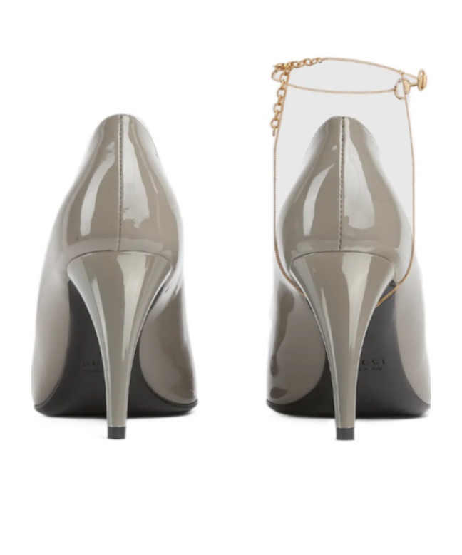 Gucci Musa Vernic Patent Leather Anklet Pumps In Gray