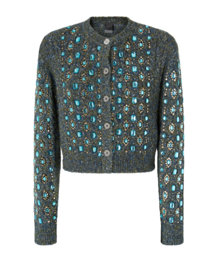 Pinko Knitted Muline Cardigan With Jewel Applications In Gray