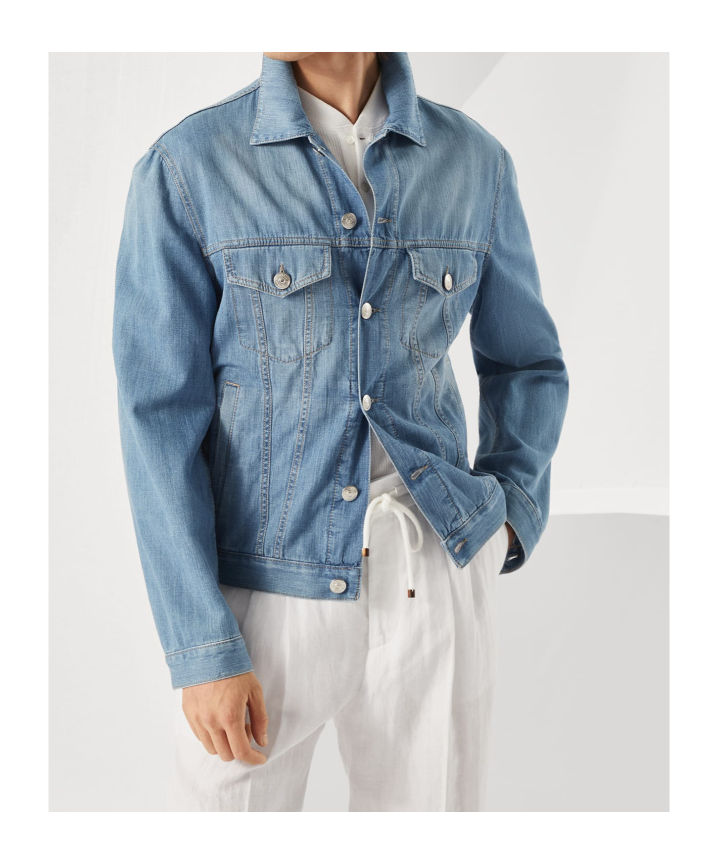 Brunello Cucinelli Blue Denim Cotton Jacket In White